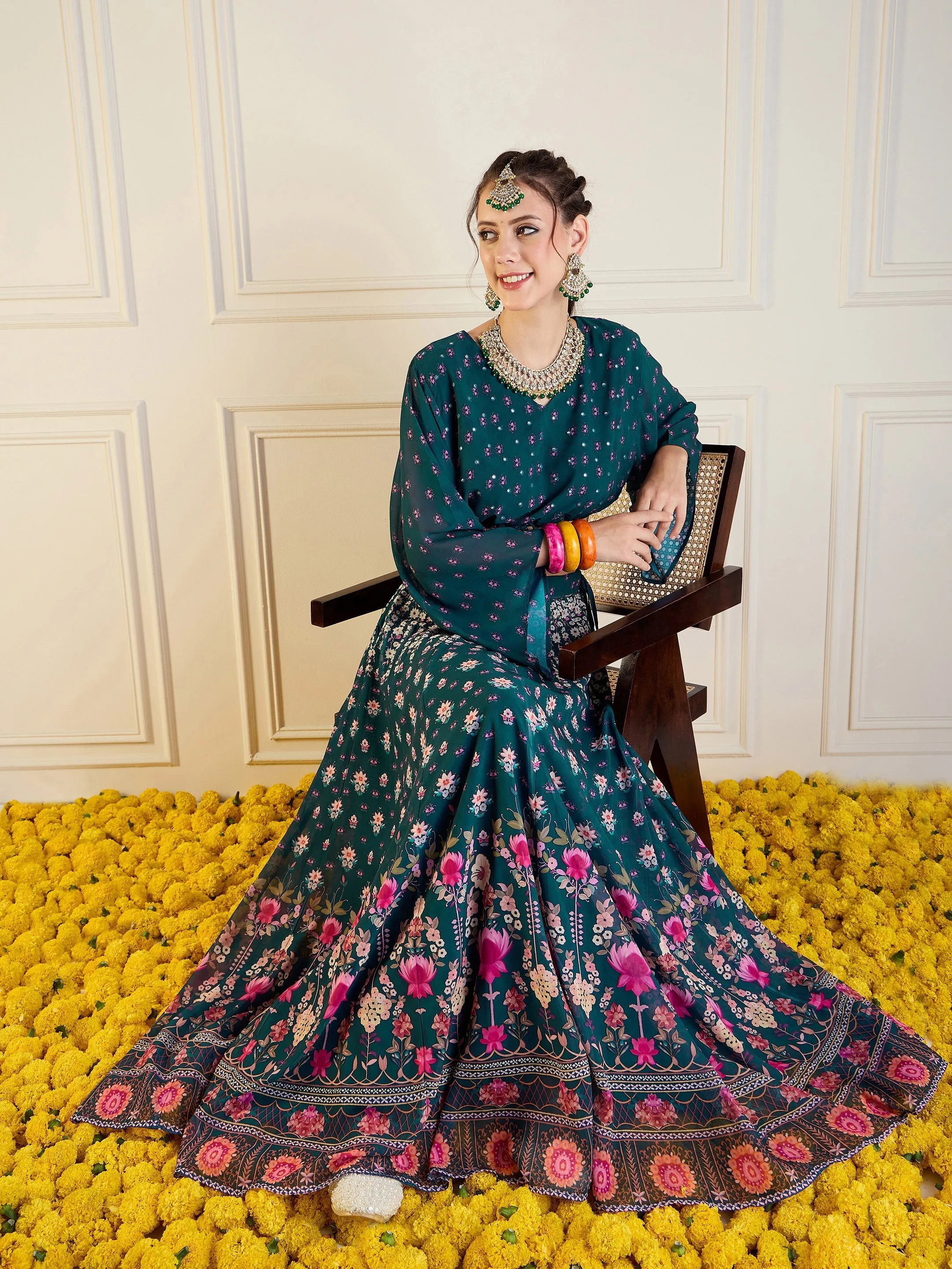 Women Green Floral Anarkali Skirt With Crop Top