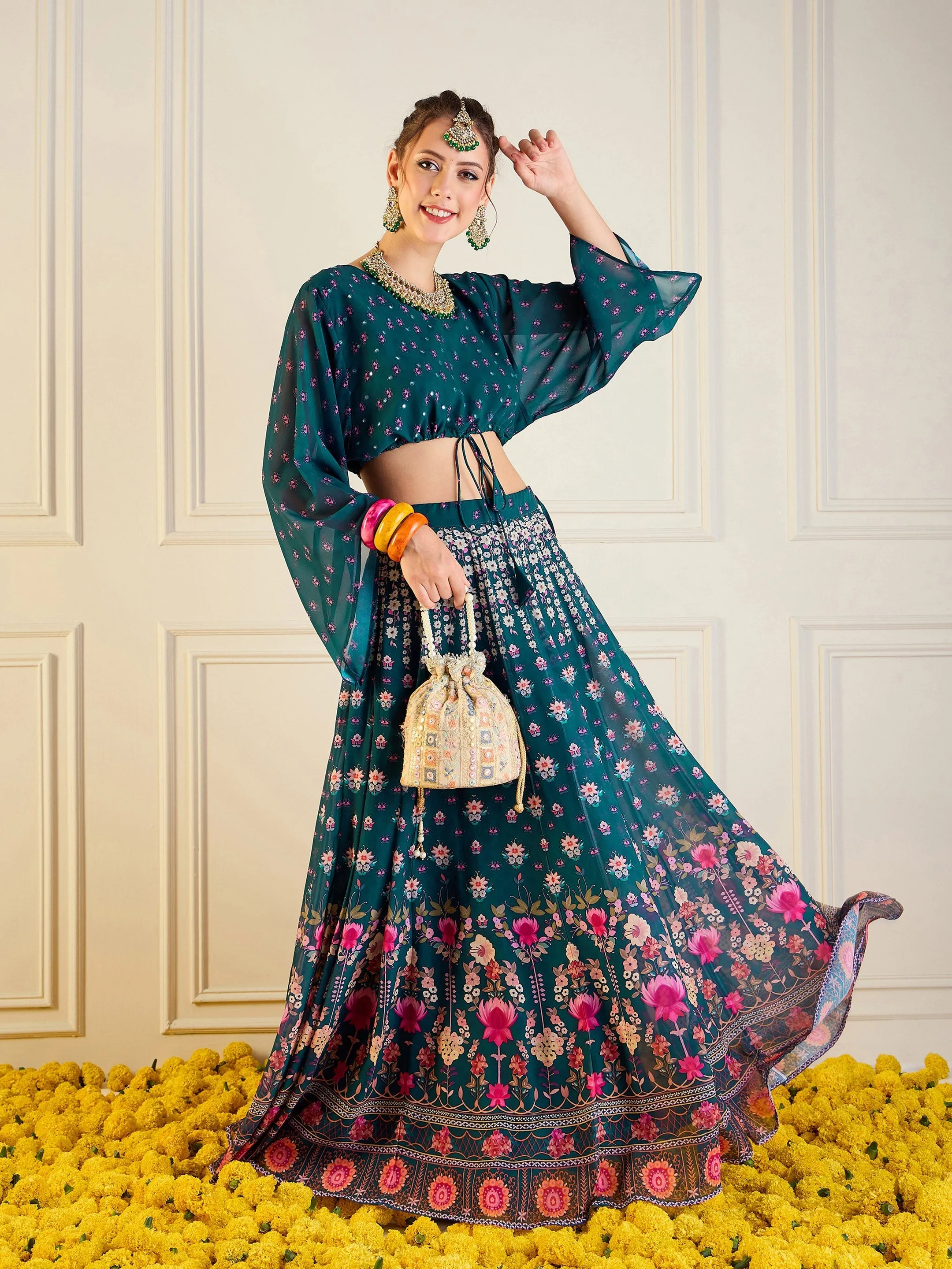 Women Green Floral Anarkali Skirt With Crop Top