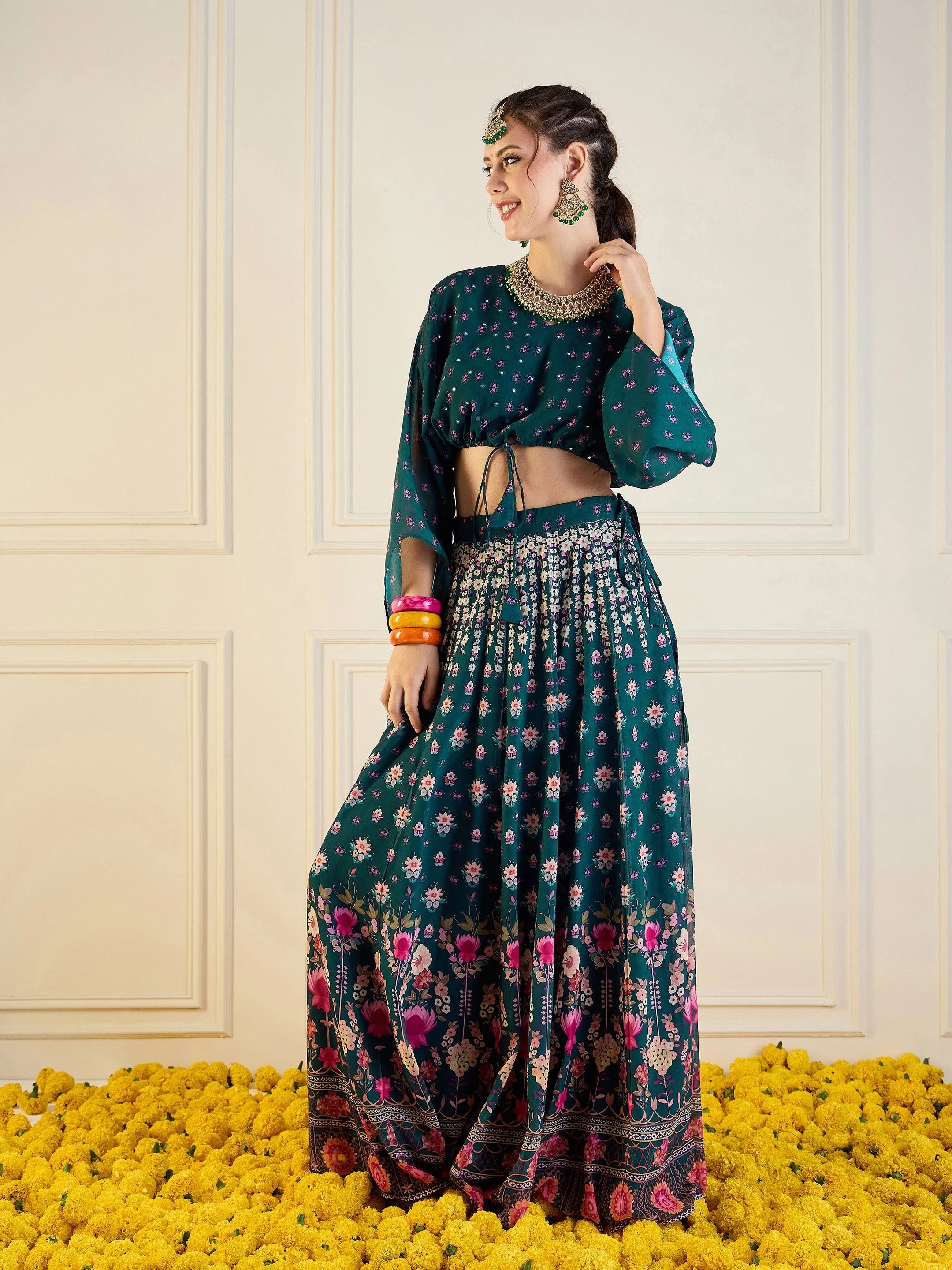 Women Green Floral Anarkali Skirt With Crop Top