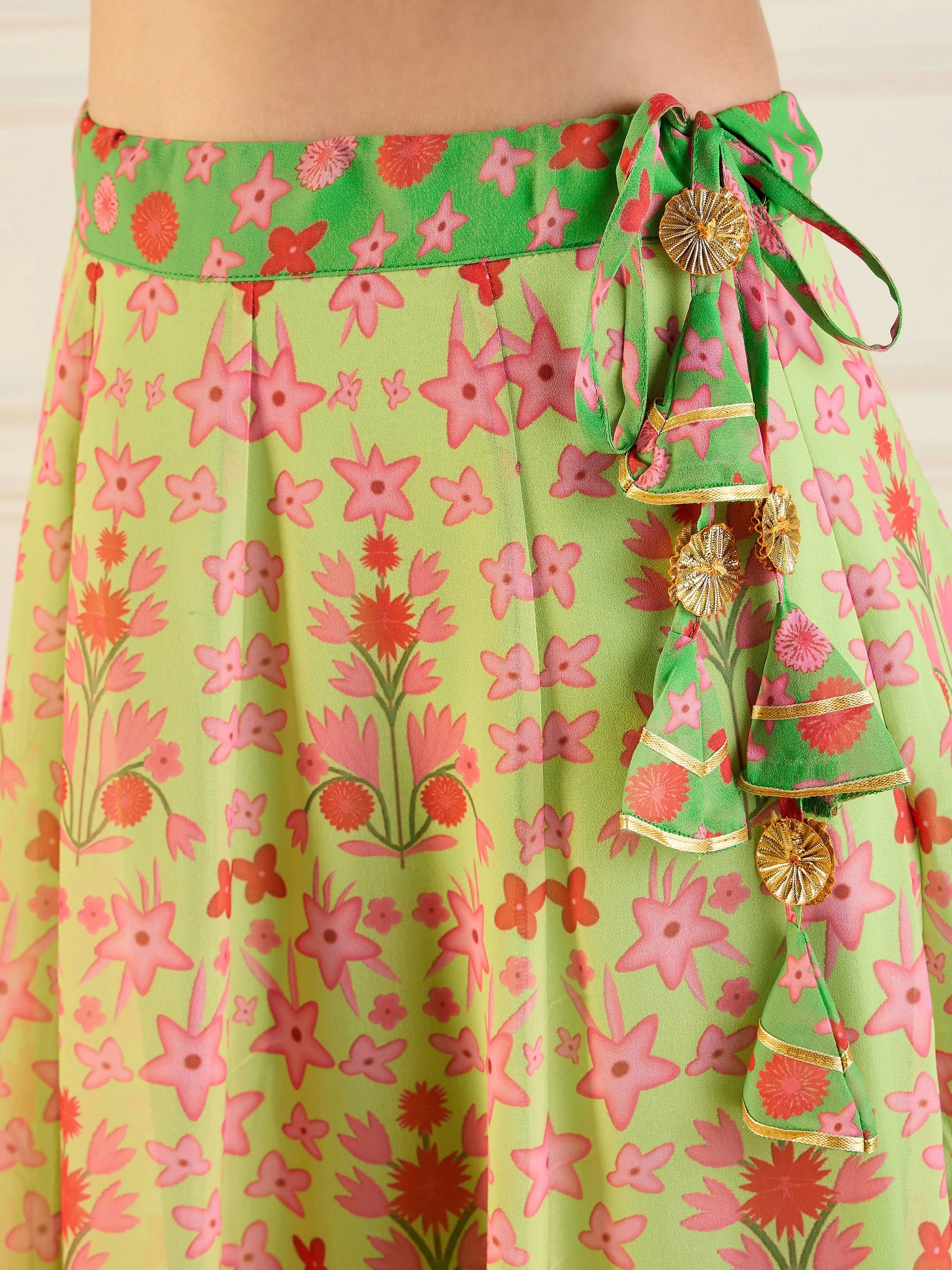 Women Green Floral Anarkali Skirt With Ruching Crop Top