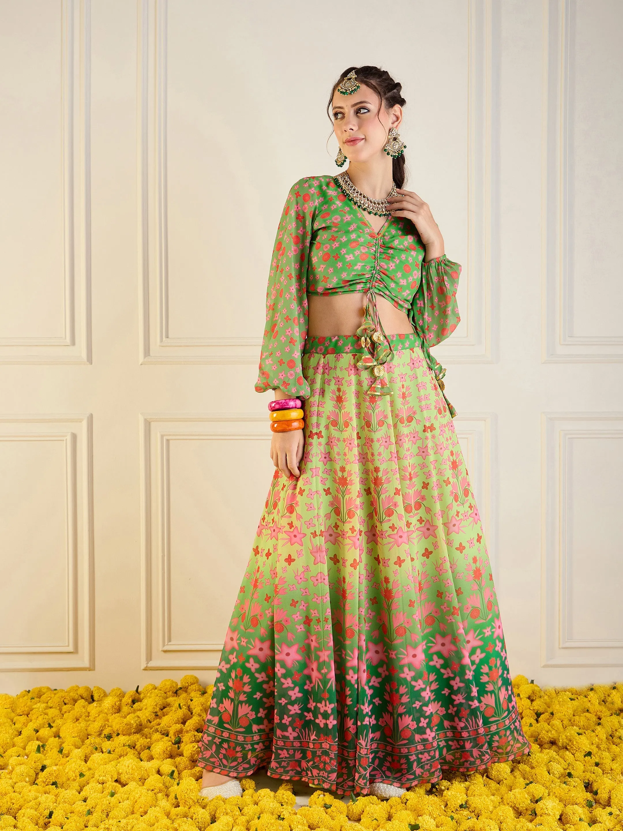 Women Green Floral Anarkali Skirt With Ruching Crop Top