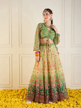 Women Green Floral Anarkali Skirt With Ruching Crop Top