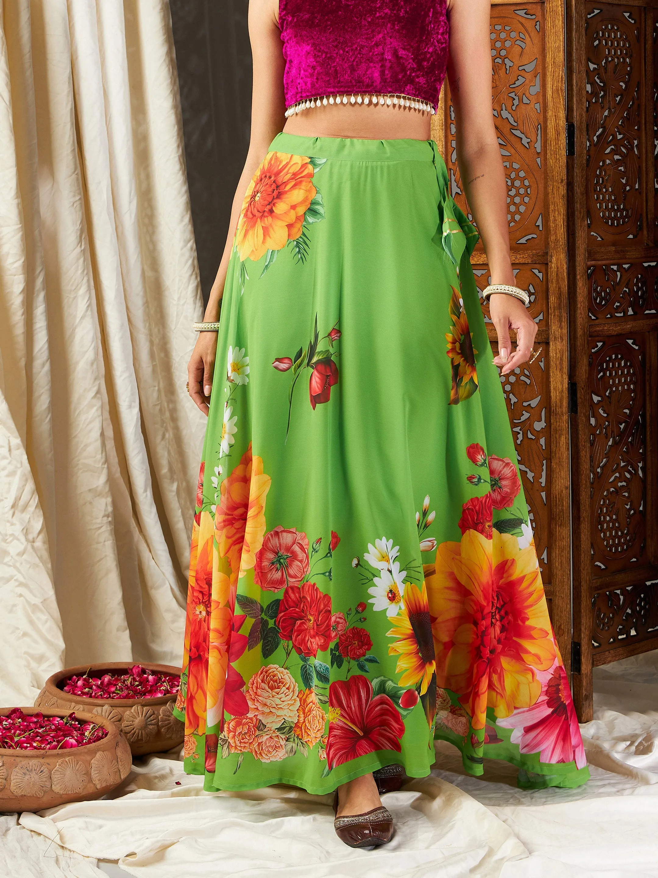 Women Green Floral Bias Flared Skirt