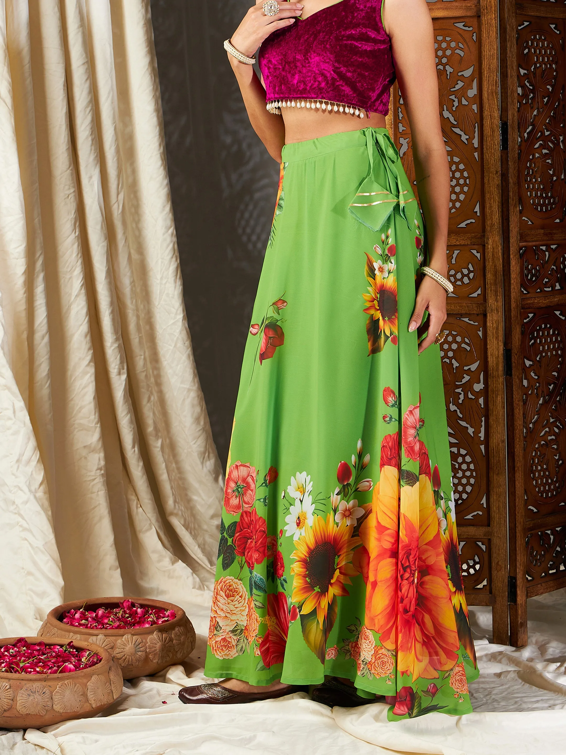 Women Green Floral Bias Flared Skirt