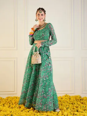 Women Green Printed Anarkali Skirt With Crop Top