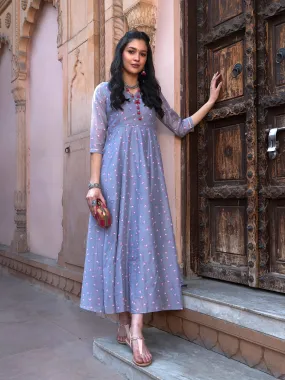 Women Grey Lotus Floral Long Anarkali Kurta