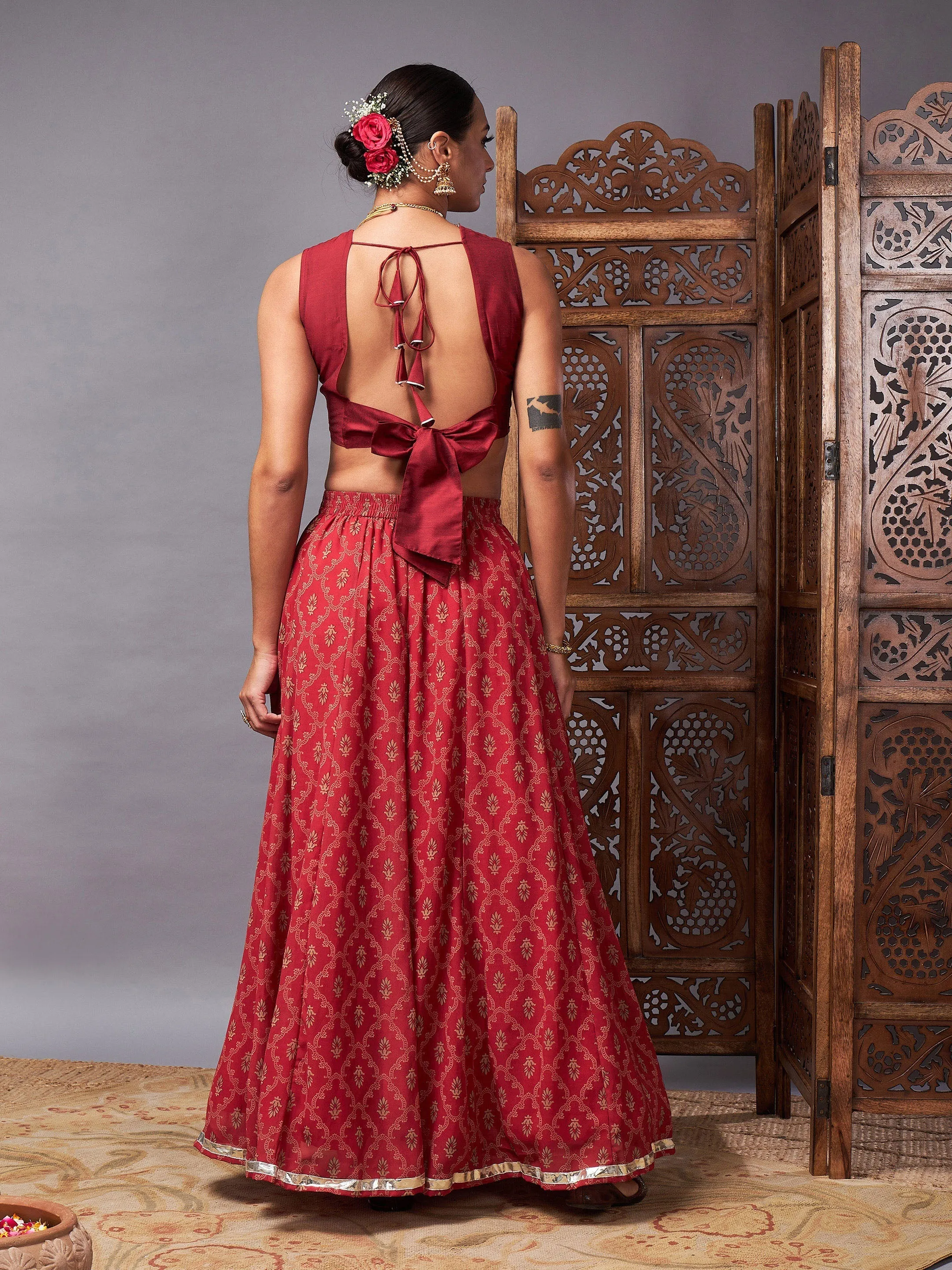 Women Maroon Crop Top With Pocket Anarkali Skirt