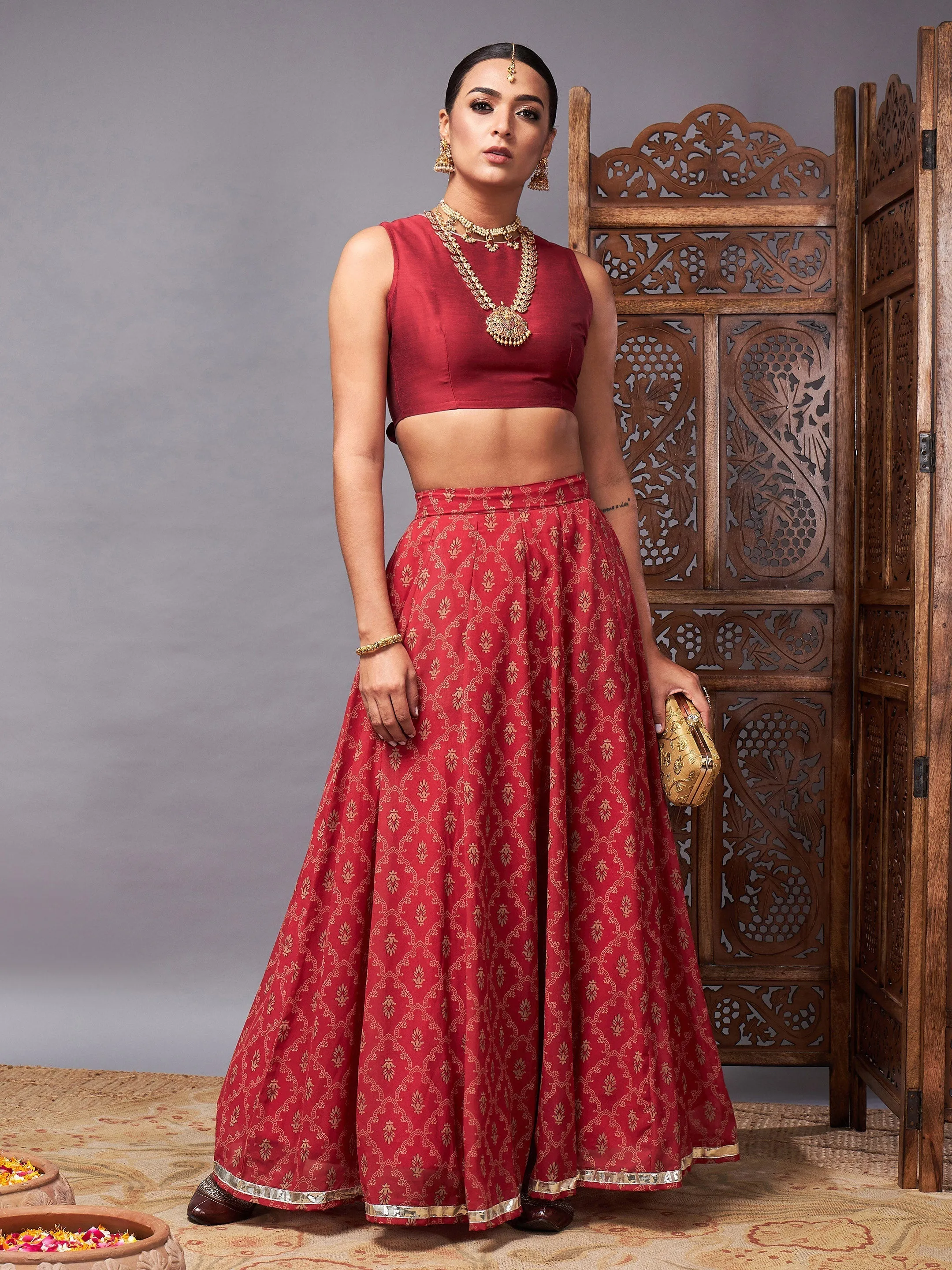 Women Maroon Crop Top With Pocket Anarkali Skirt