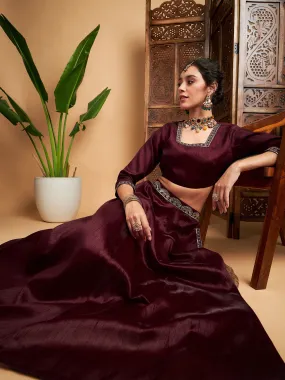 Women Maroon Embroidered Anarkali Skirt With Crop Top