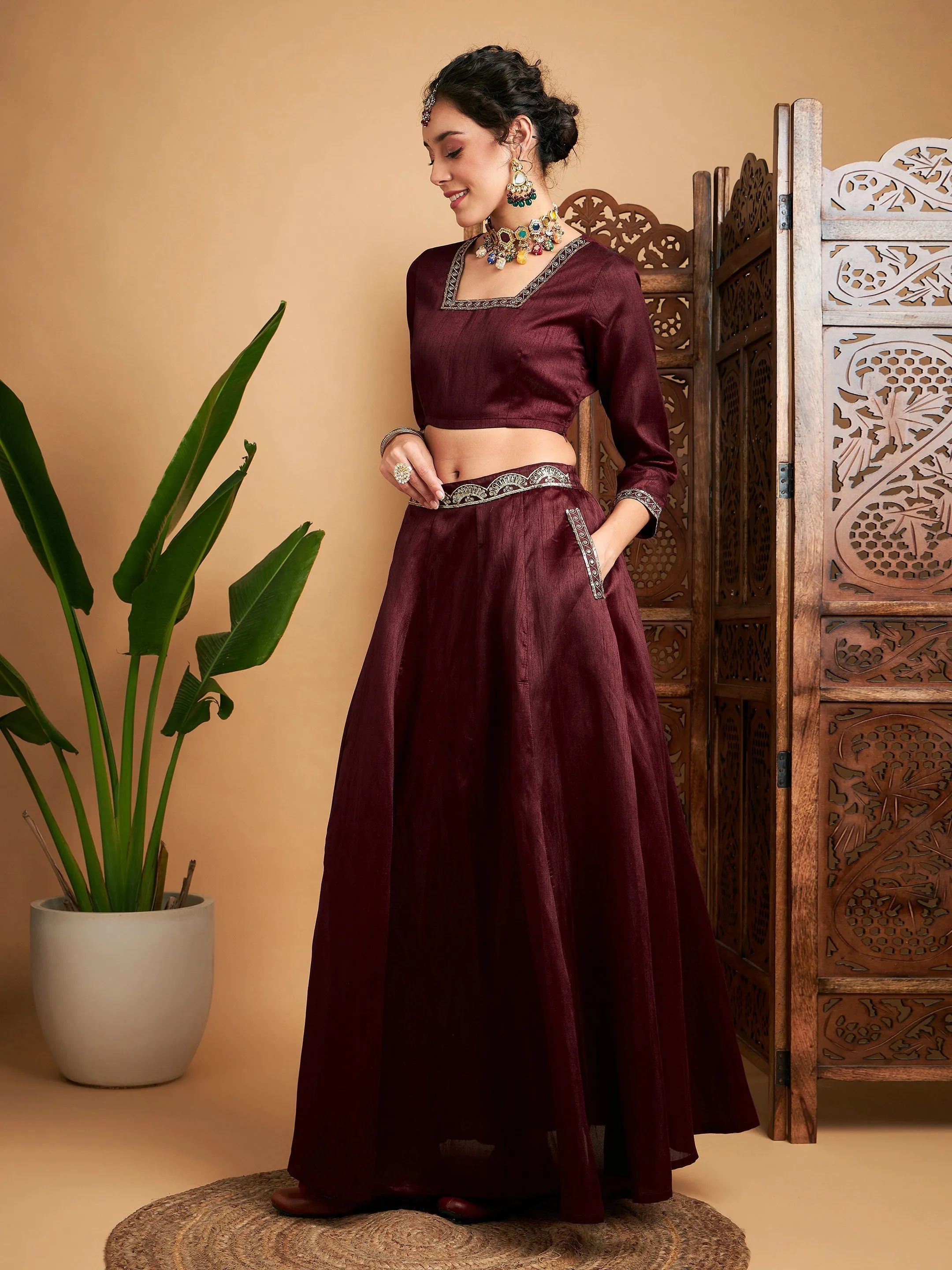 Women Maroon Embroidered Anarkali Skirt With Crop Top