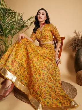 Women Mustard Floral Anarkali Skirt With Crop Top