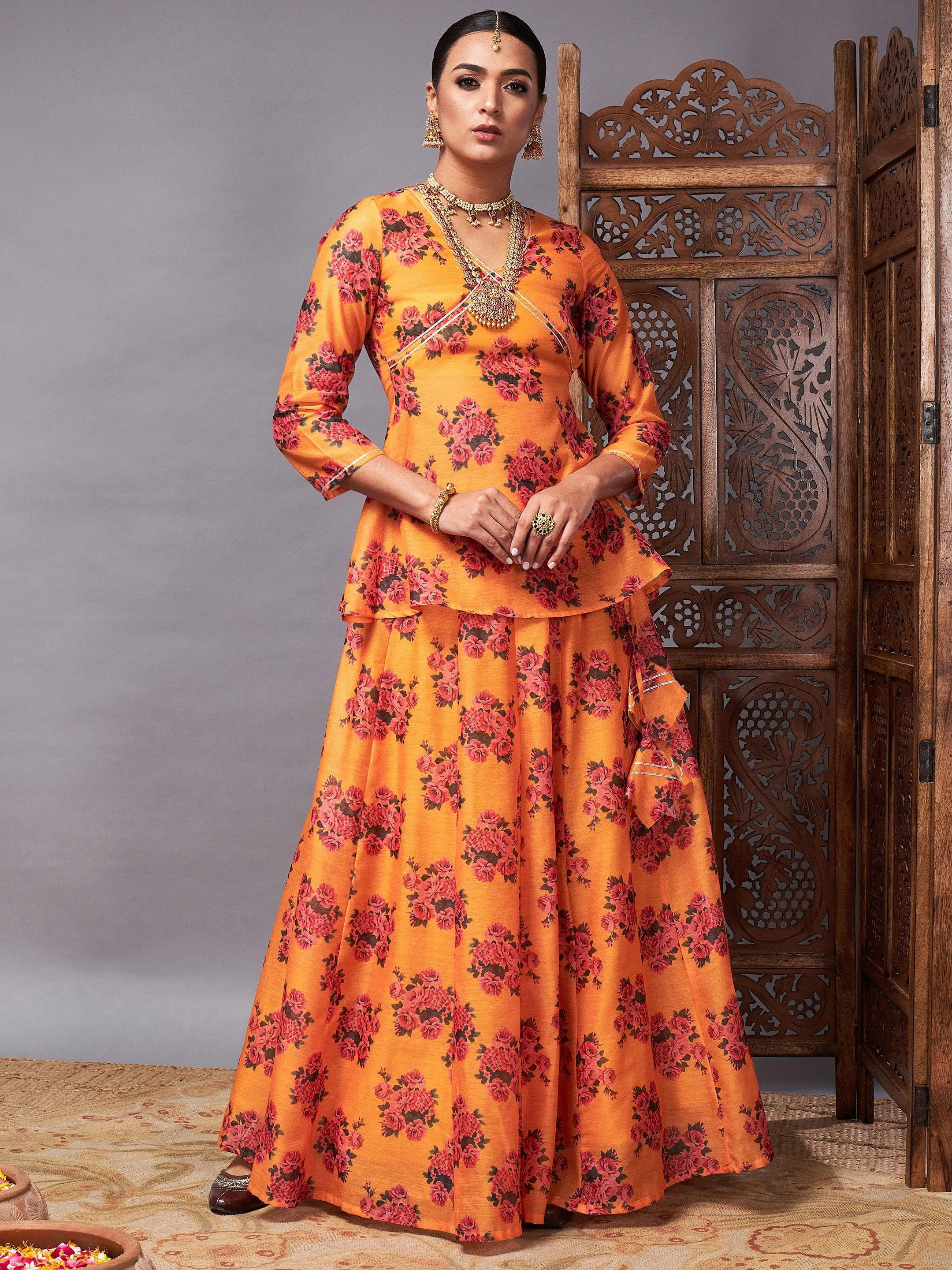 Women Mustard Floral Peplum Top With Anarkali Skirt