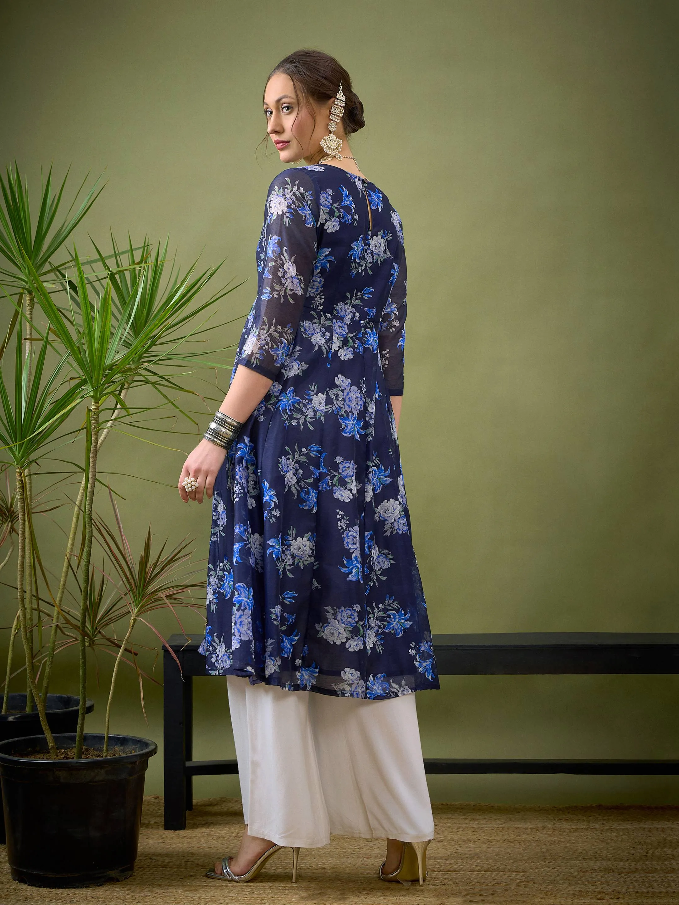 Women Navy Floral Anarkali Maxi Dress