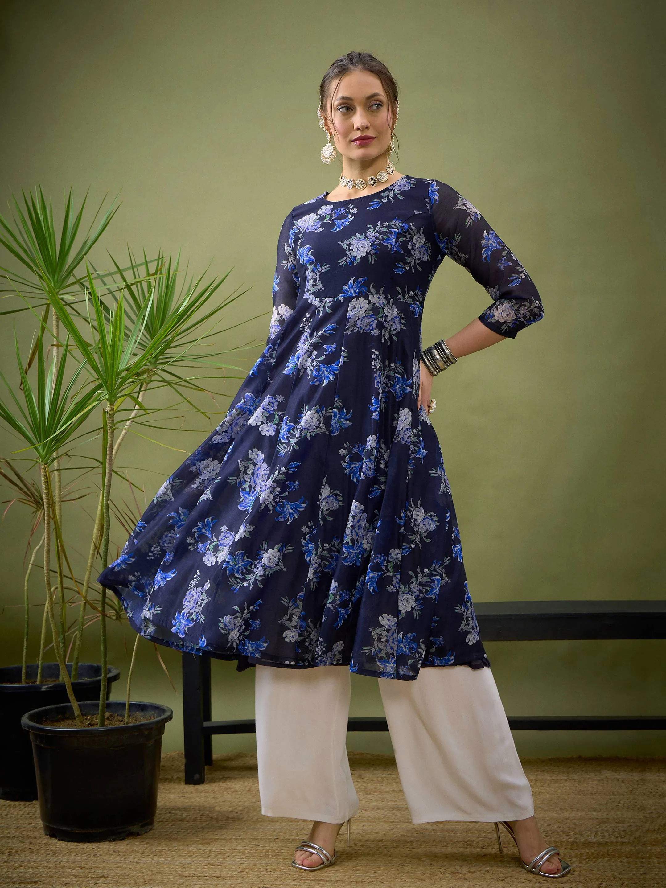 Women Navy Floral Anarkali Maxi Dress