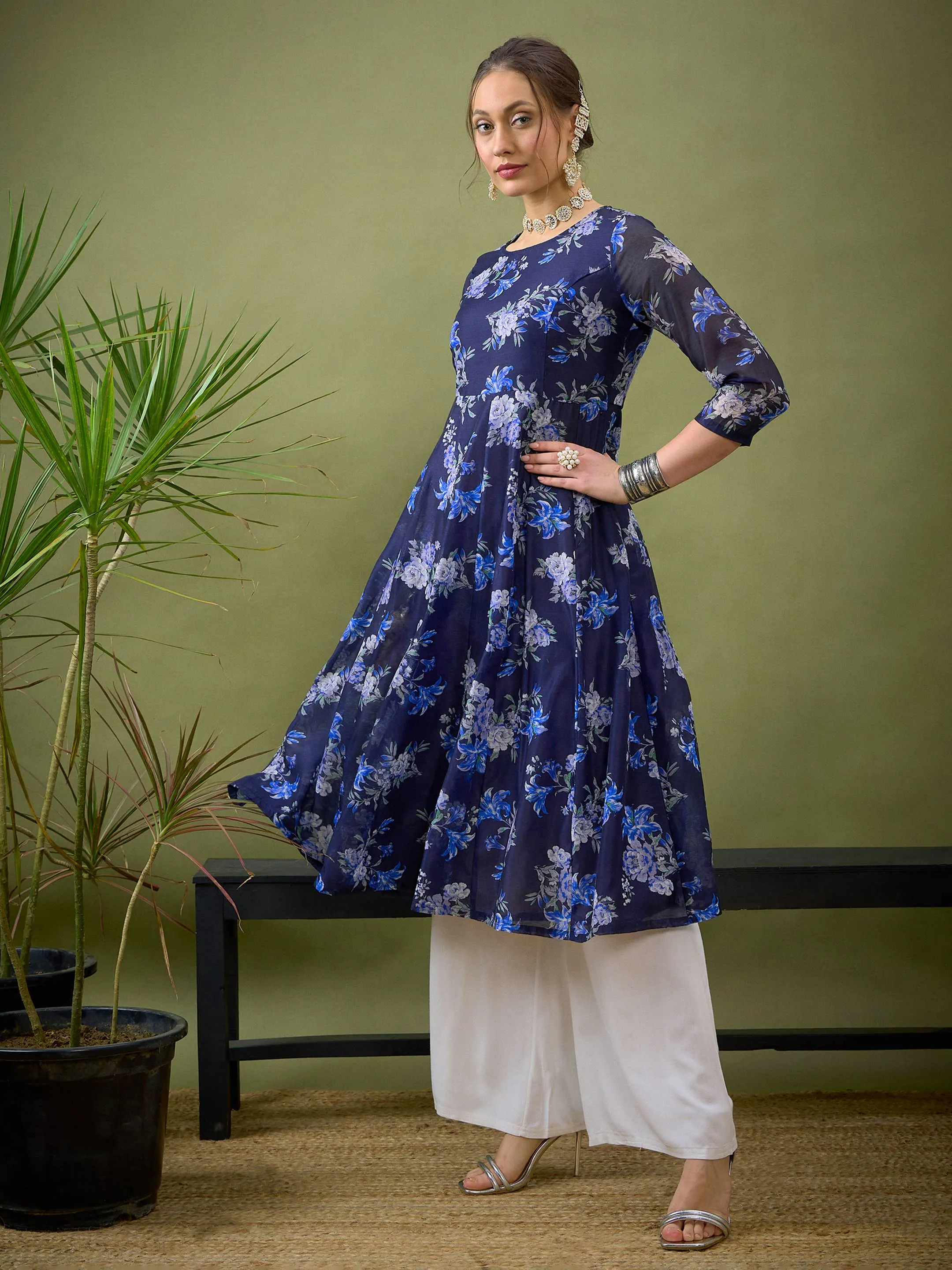 Women Navy Floral Anarkali Maxi Dress