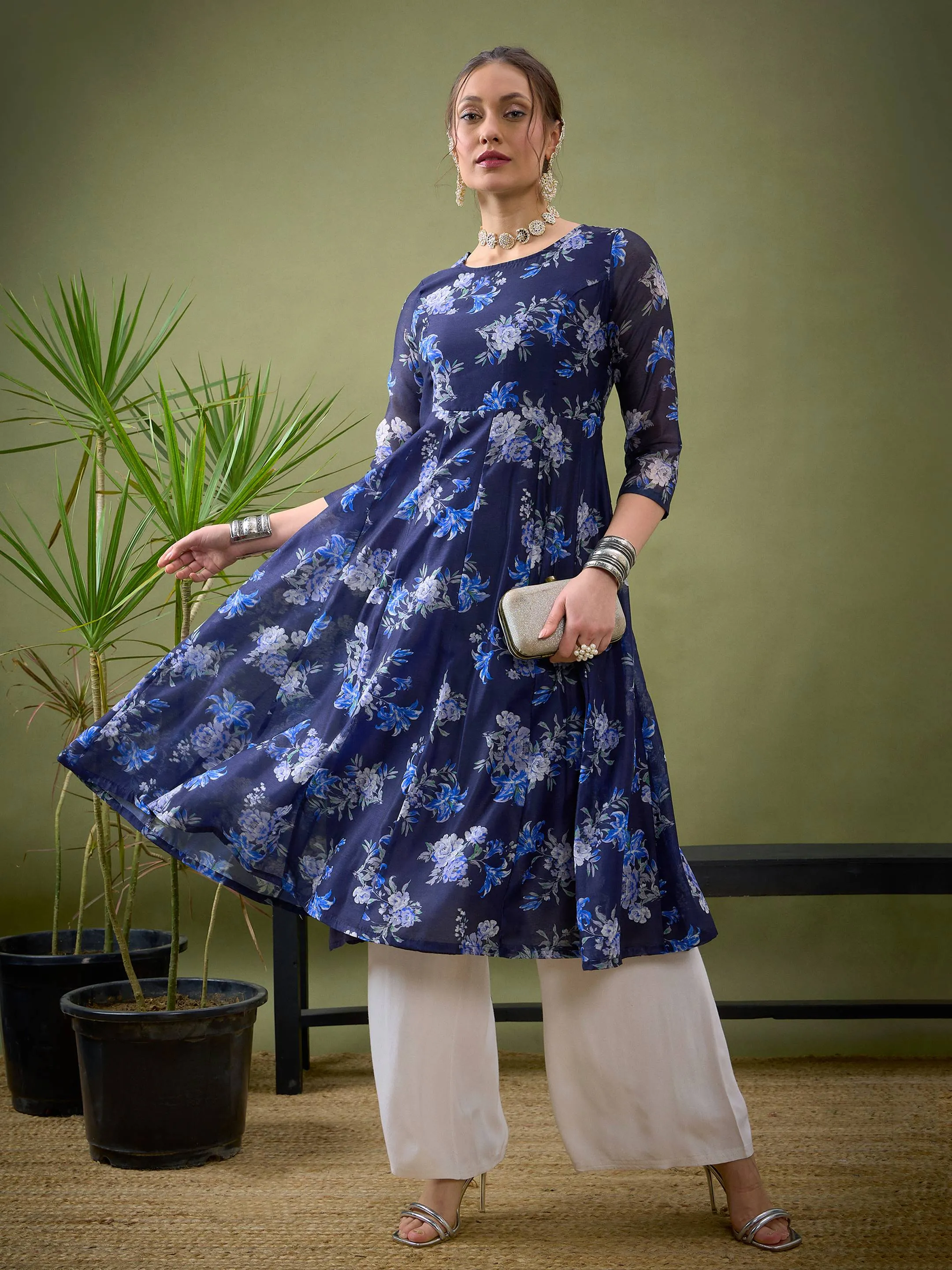 Women Navy Floral Anarkali Maxi Dress