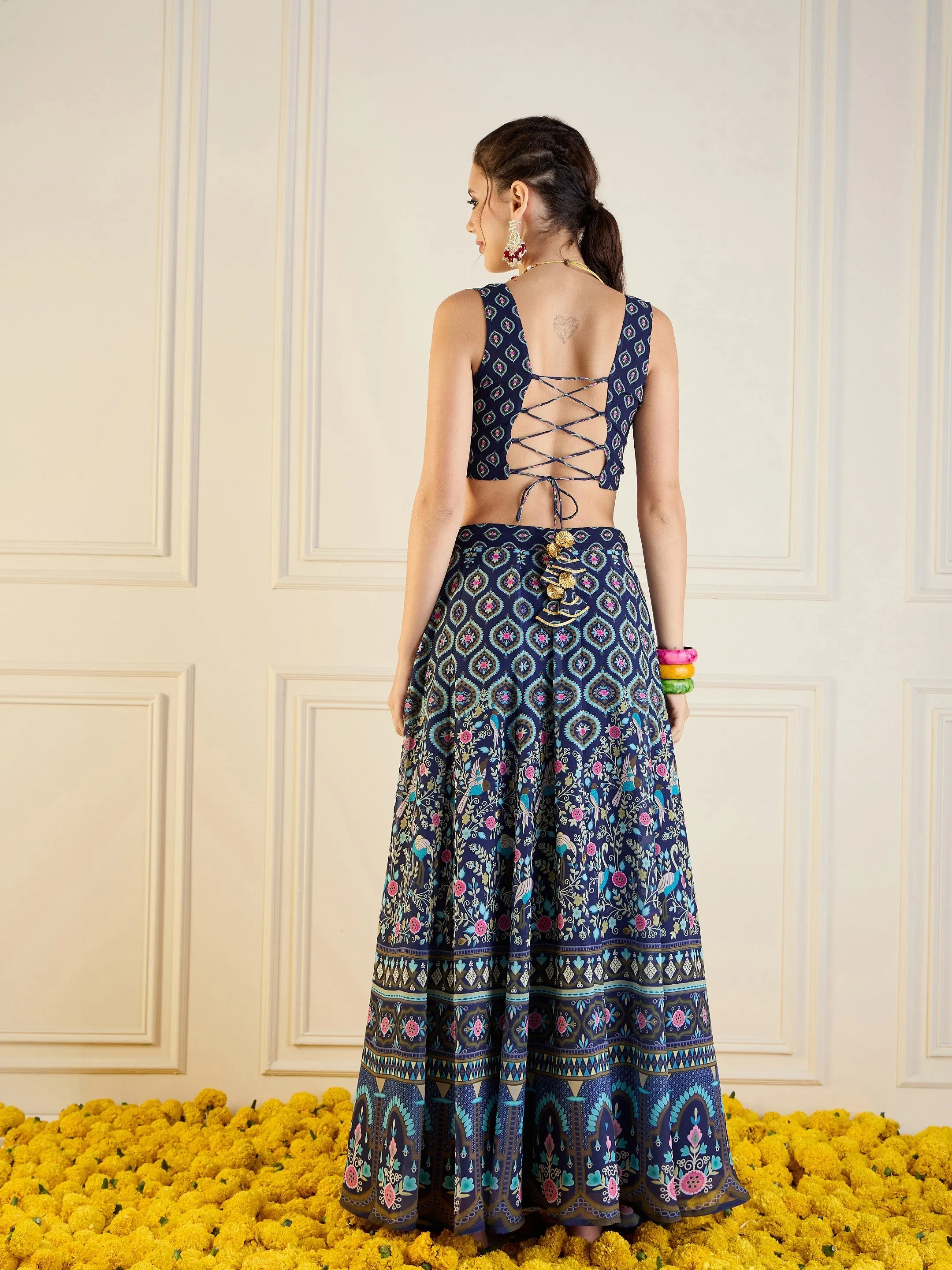 Women Navy Floral Anarkali Skirt With Dori Crop Top