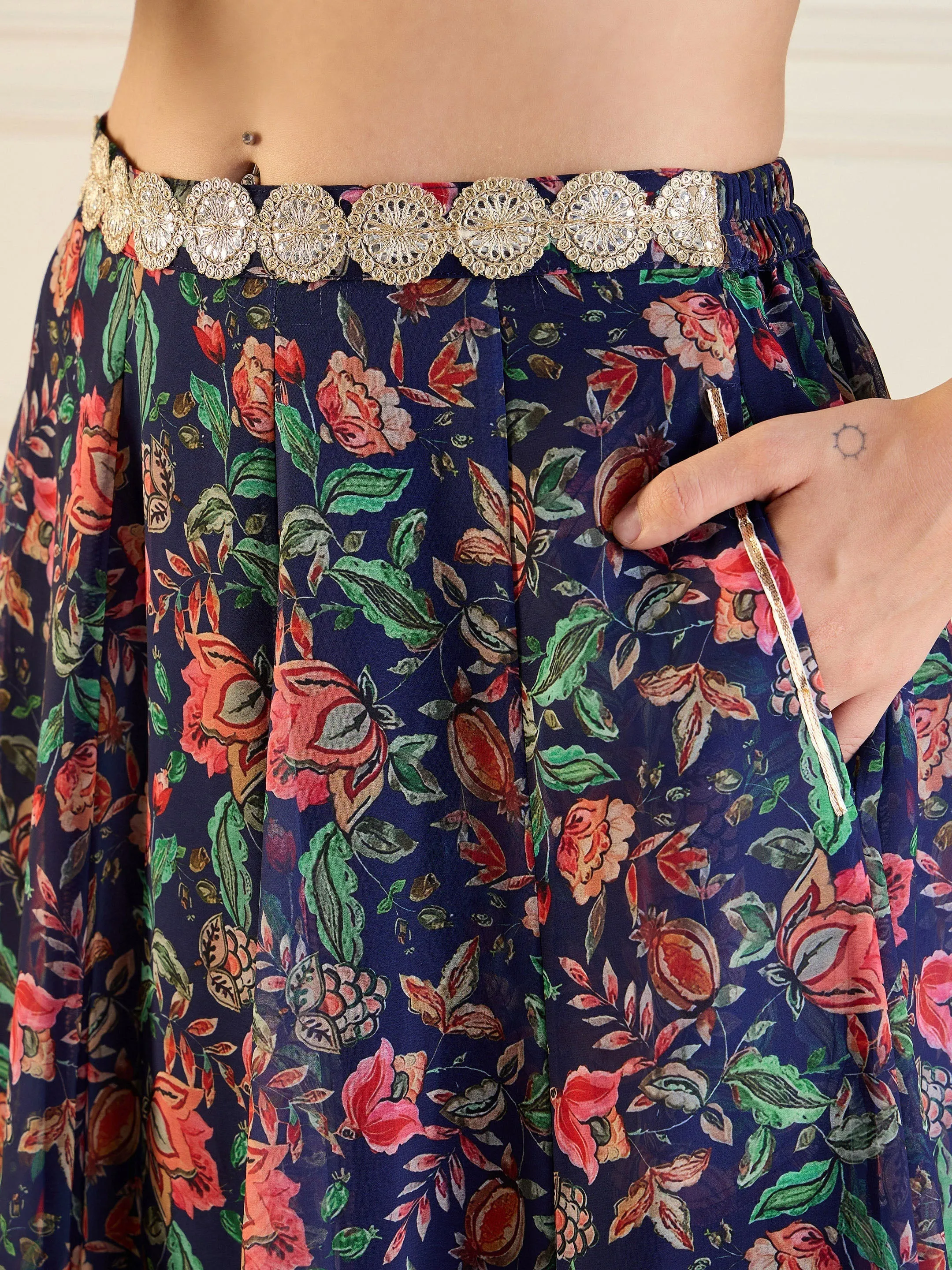 Women Navy Floral Anarkali Skirt With Front Dori Crop Top