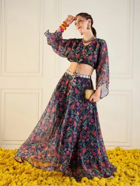 Women Navy Floral Anarkali Skirt With Front Dori Crop Top