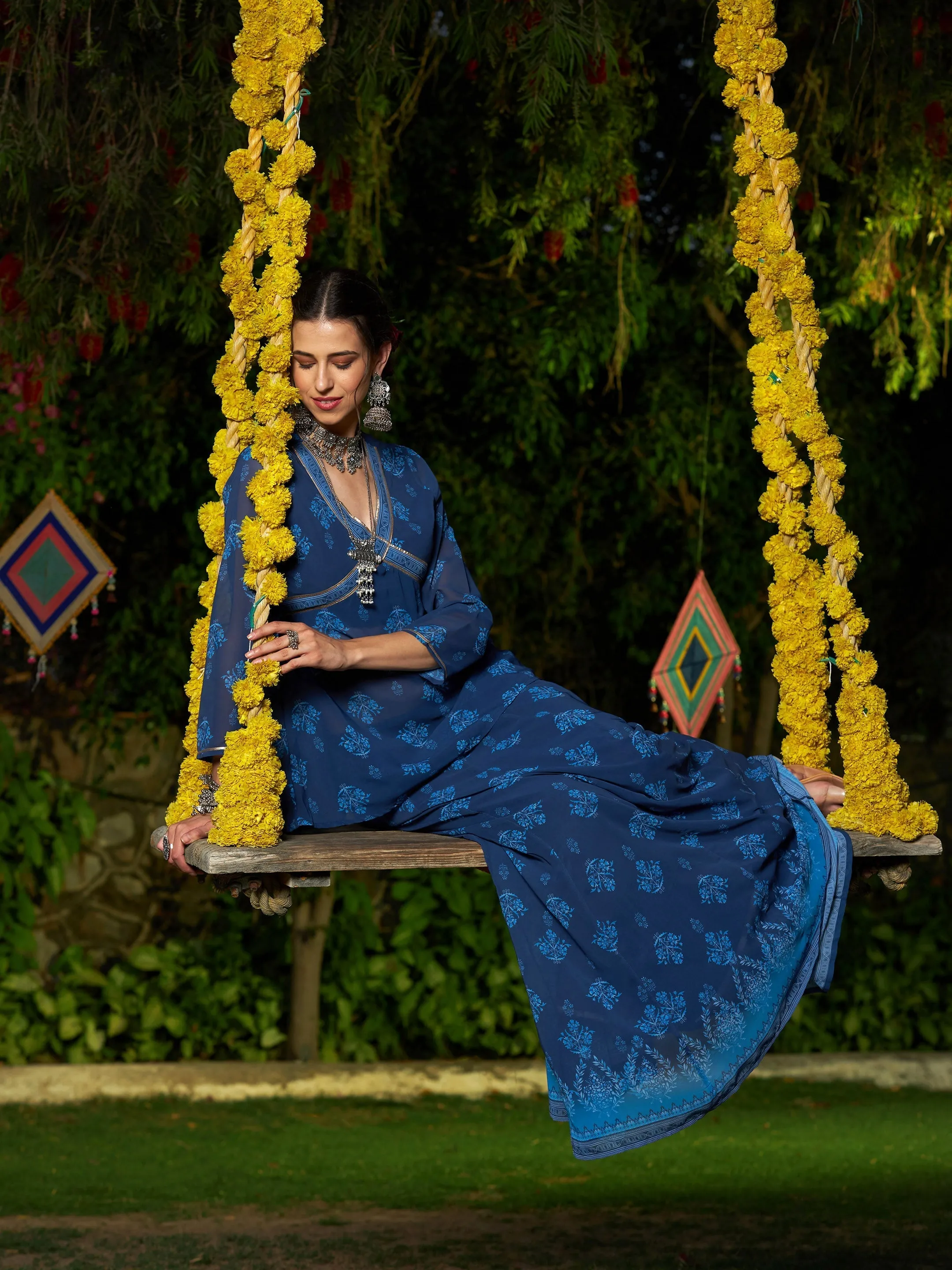 Women Navy Floral Peplum Top With Anarkali Skirt