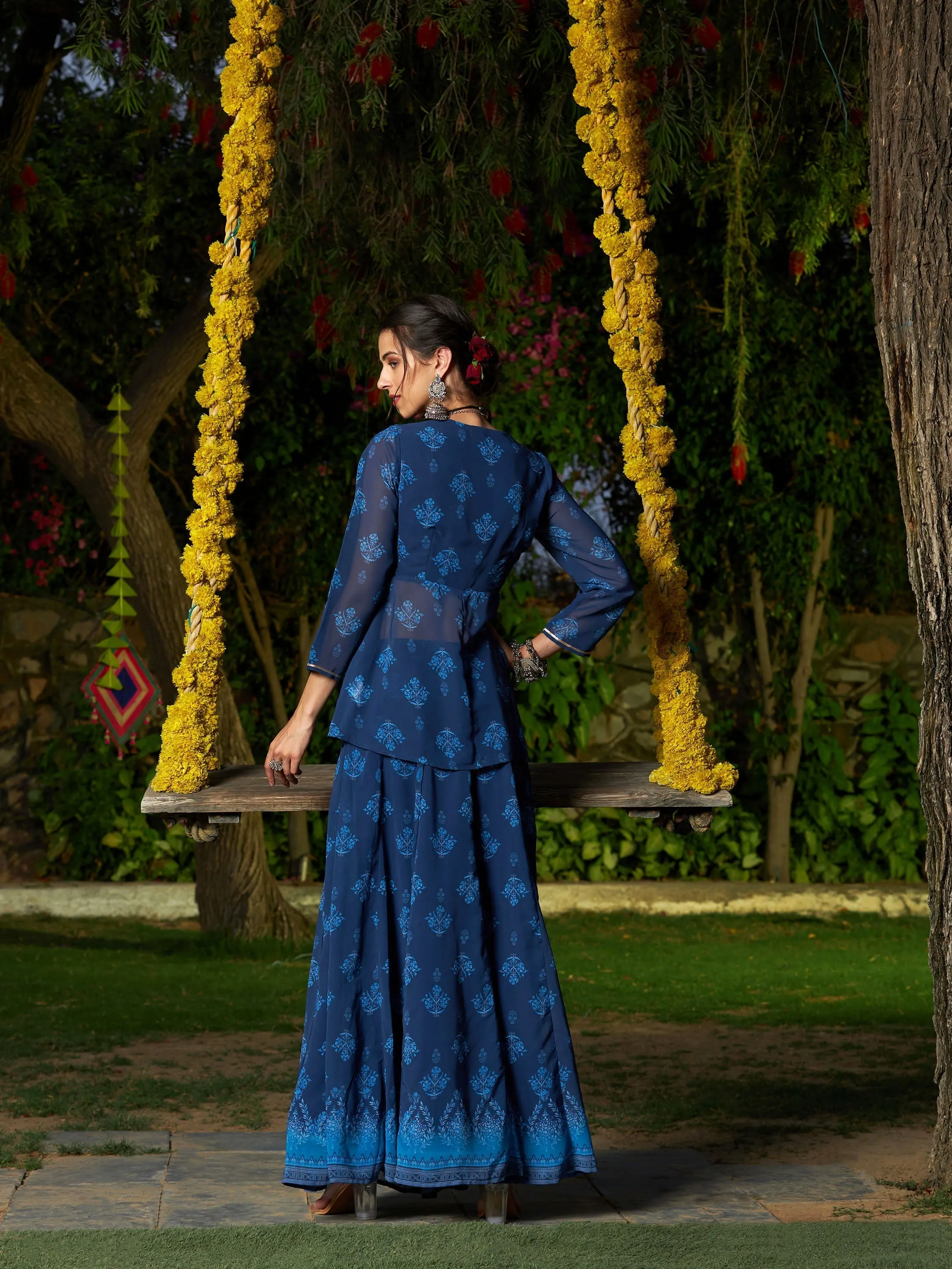 Women Navy Floral Peplum Top With Anarkali Skirt