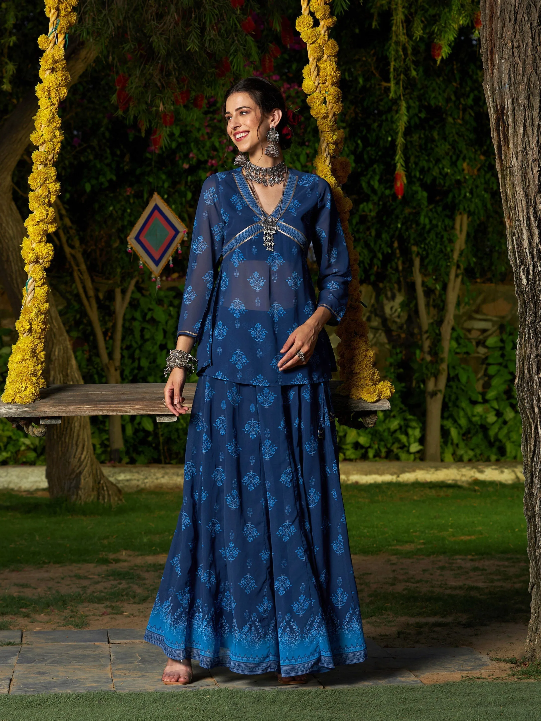 Women Navy Floral Peplum Top With Anarkali Skirt