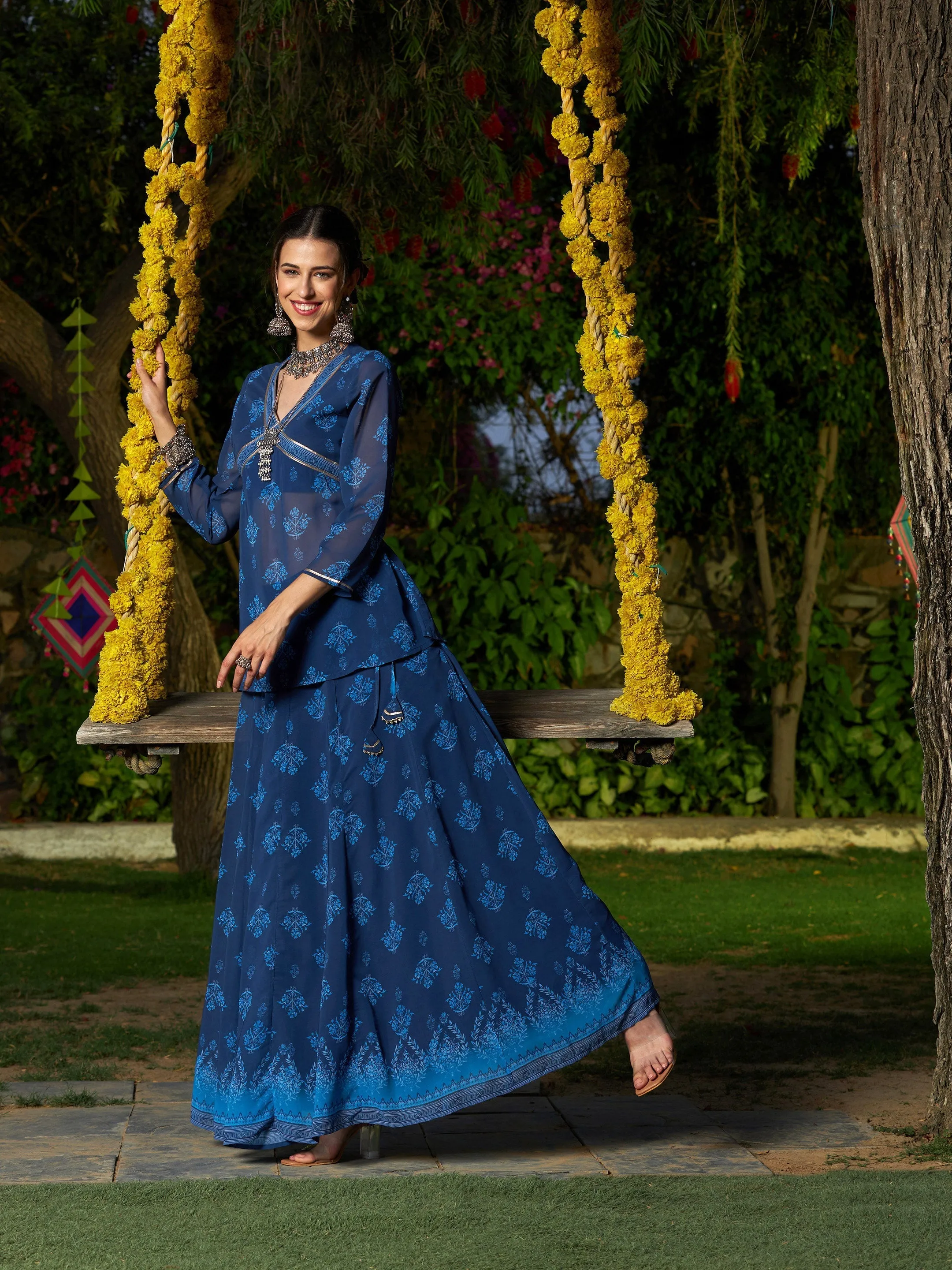 Women Navy Floral Peplum Top With Anarkali Skirt