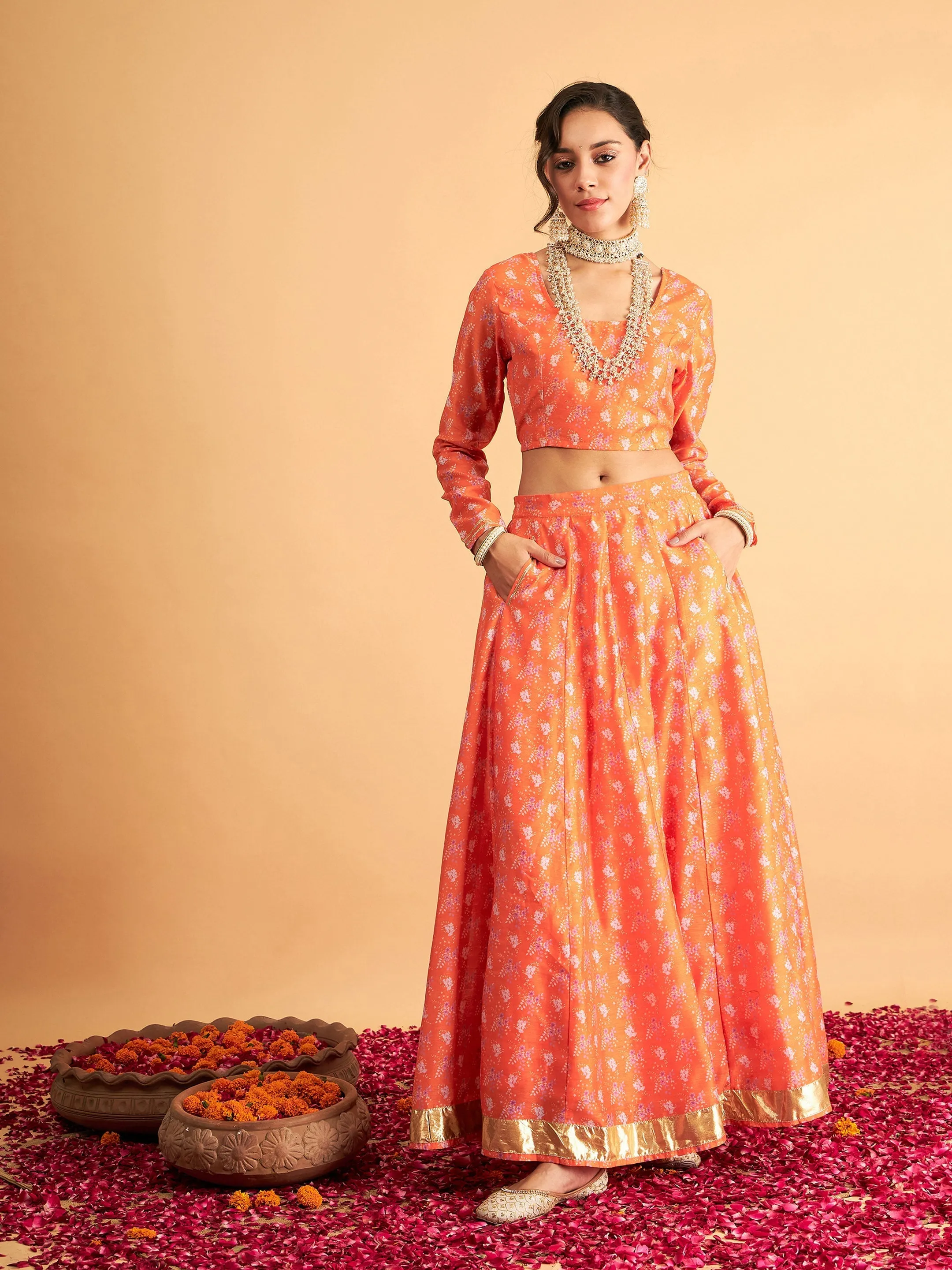 Women Orange Floral Anarkali Pocket Skirt With Crop Top