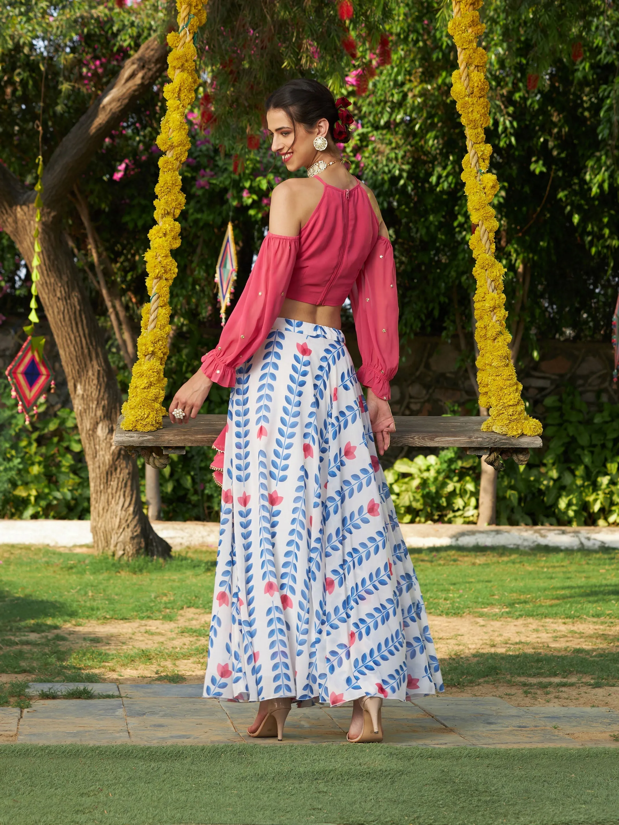 Women Pink Embroidered Crop Top With Lotus Print Flared Skirt