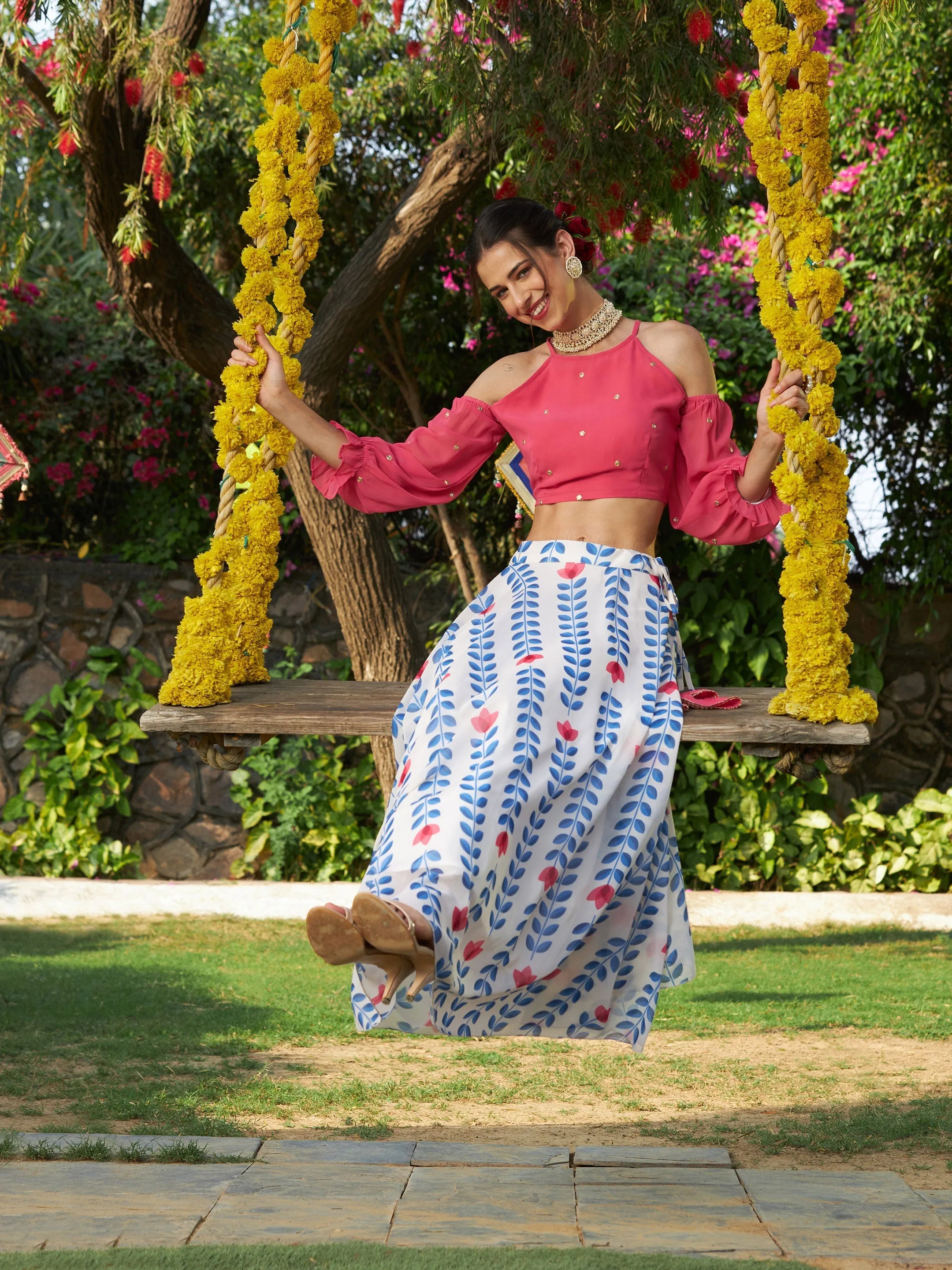 Women Pink Embroidered Crop Top With Lotus Print Flared Skirt