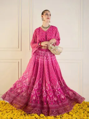 Women Pink Floral Anarkali Skirt With Crop Top