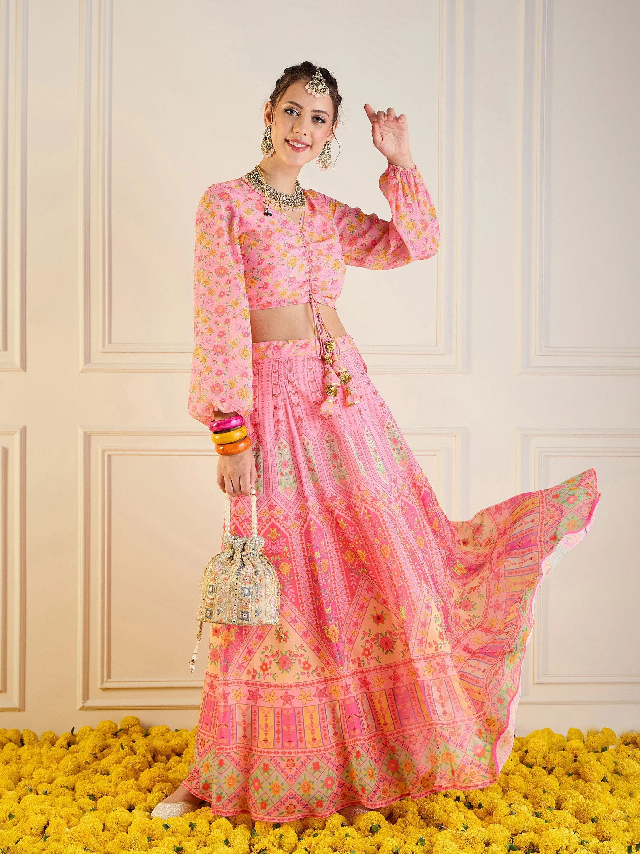 Women Pink Floral Anarkali Skirt With Ruching Crop Top