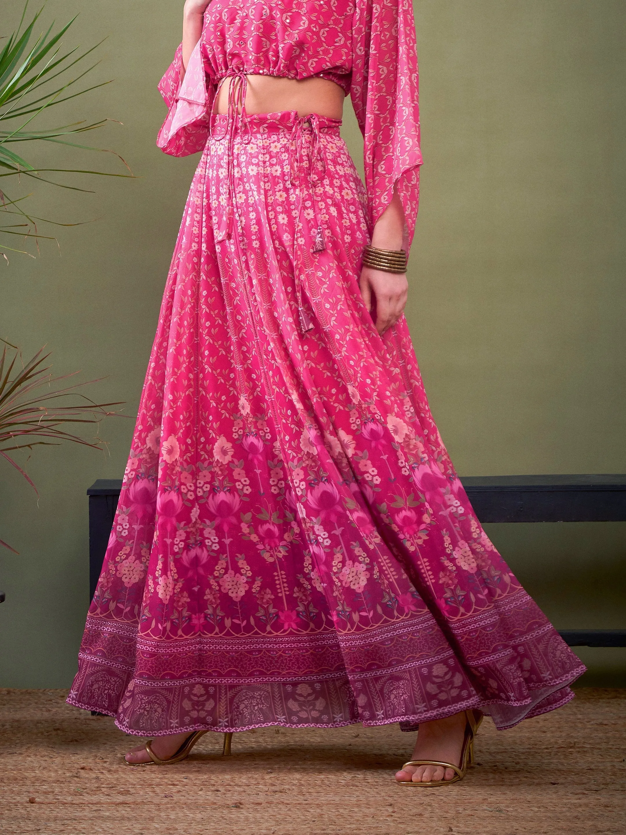 Women Pink Floral Anarkali Skirt