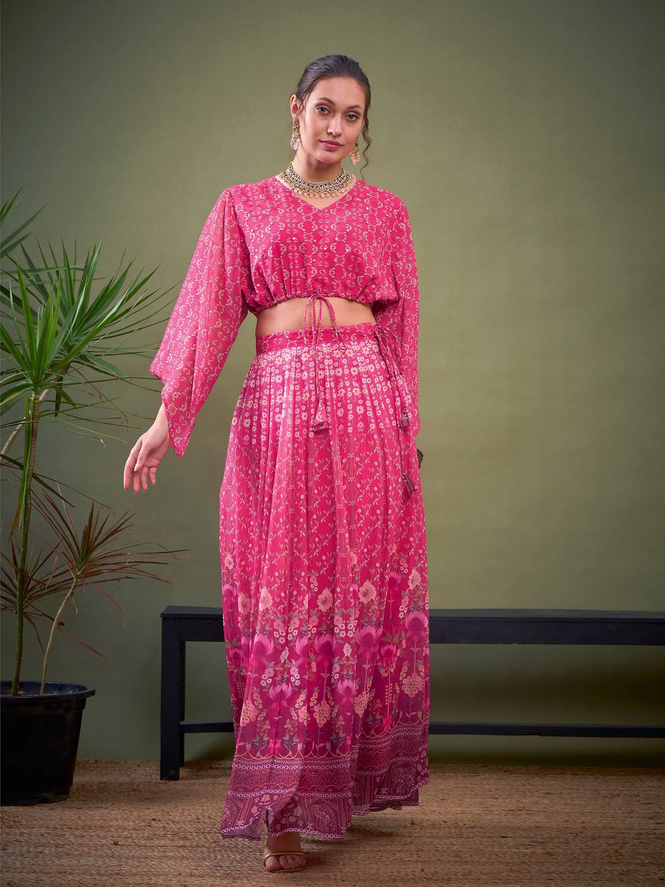 Women Pink Floral Anarkali Skirt