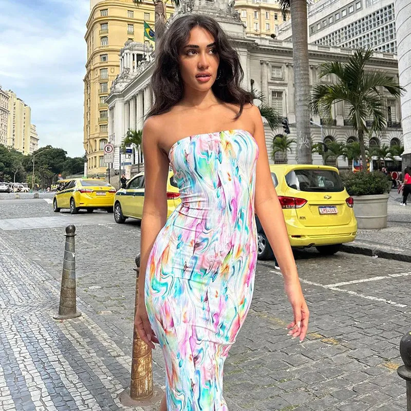 Women Printed Sexy Tube Top Dress Slim Fit Base Dress