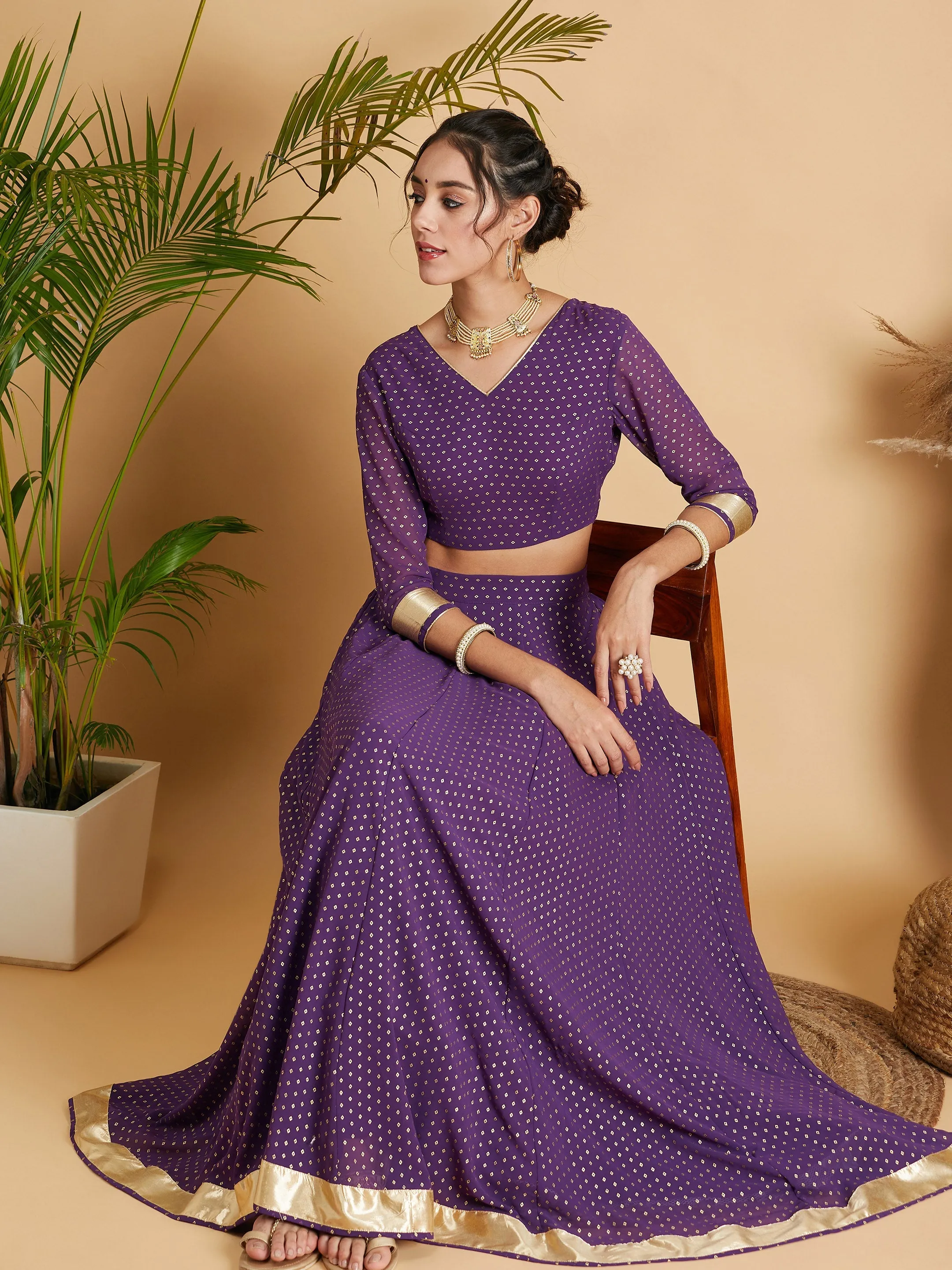 Women Purple Dot Foil Print Anarkali Skirt With Crop Top