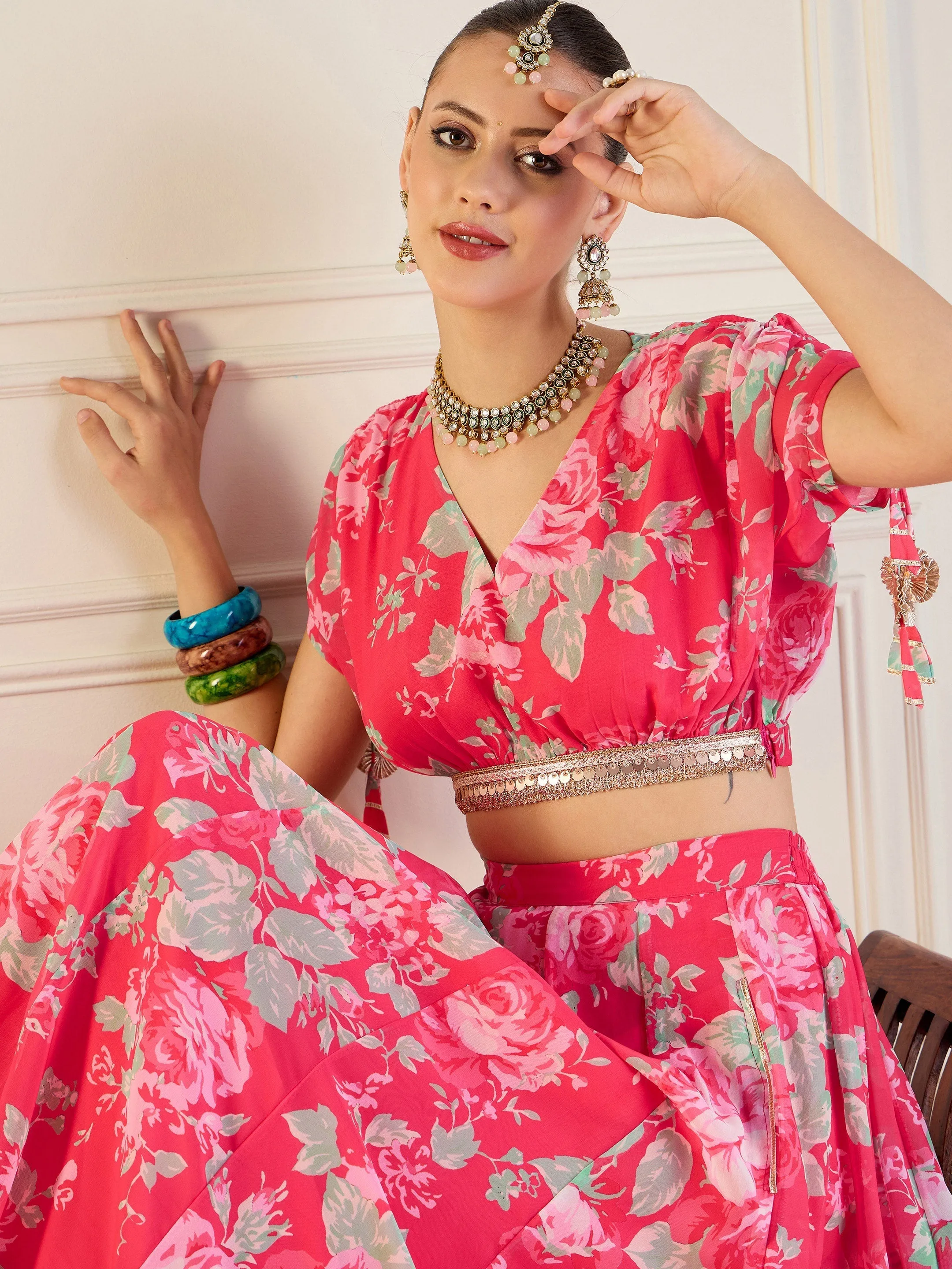 Women Red Floral Anarkali Skirt With Crop Top