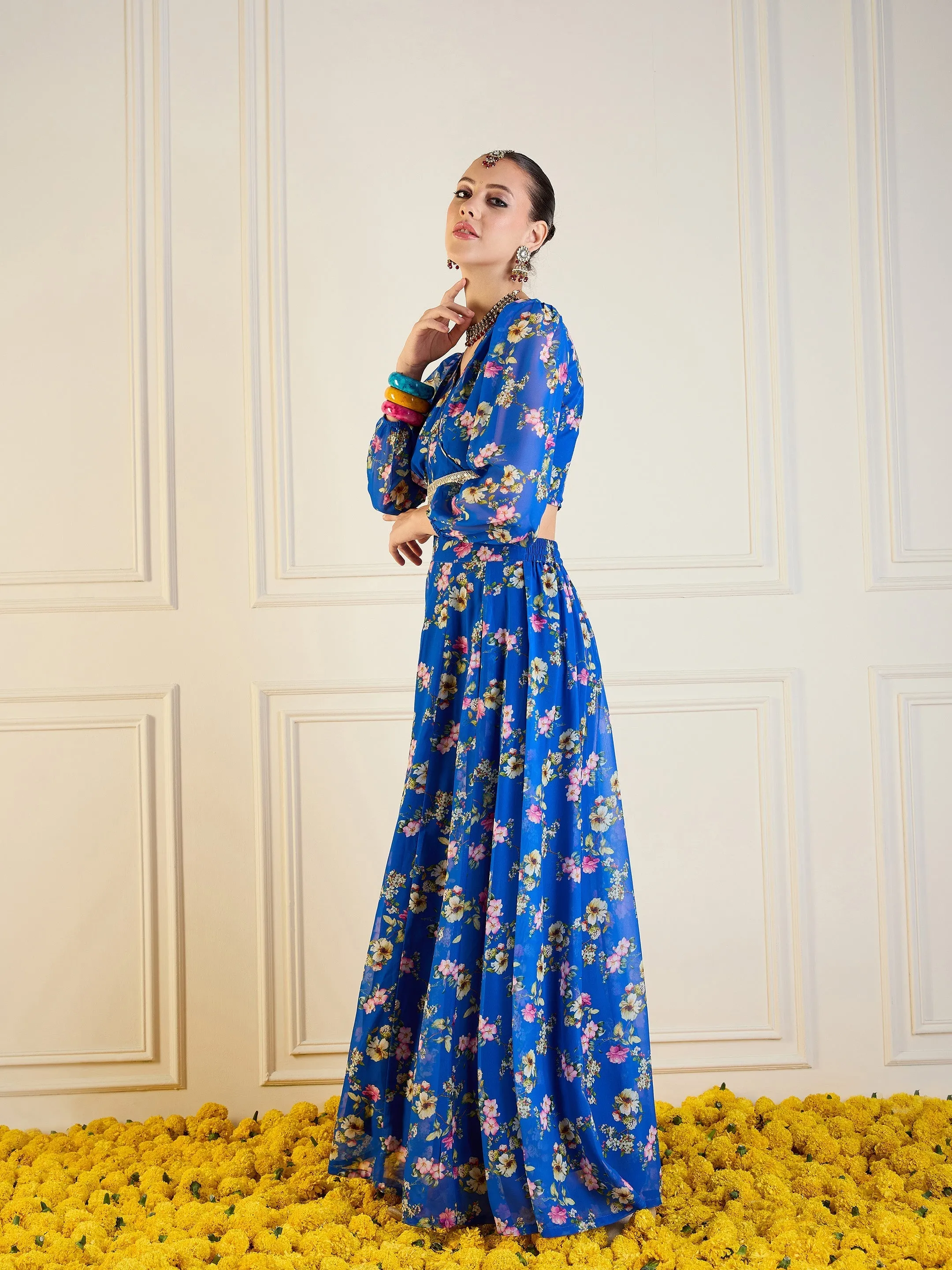 Women Royal Blue Floral Anarkali Skirt With Wrap Crop Top