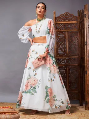 Women White Floral One Shoulder Crop Top With Anarkali Skirt