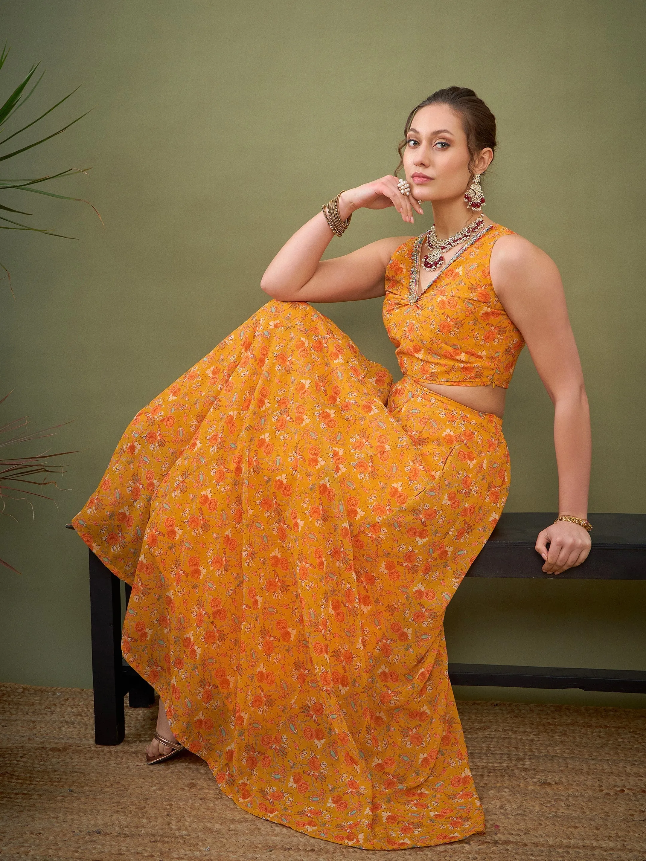 Women Yellow Floral Anarkali Skirt With Crop Top