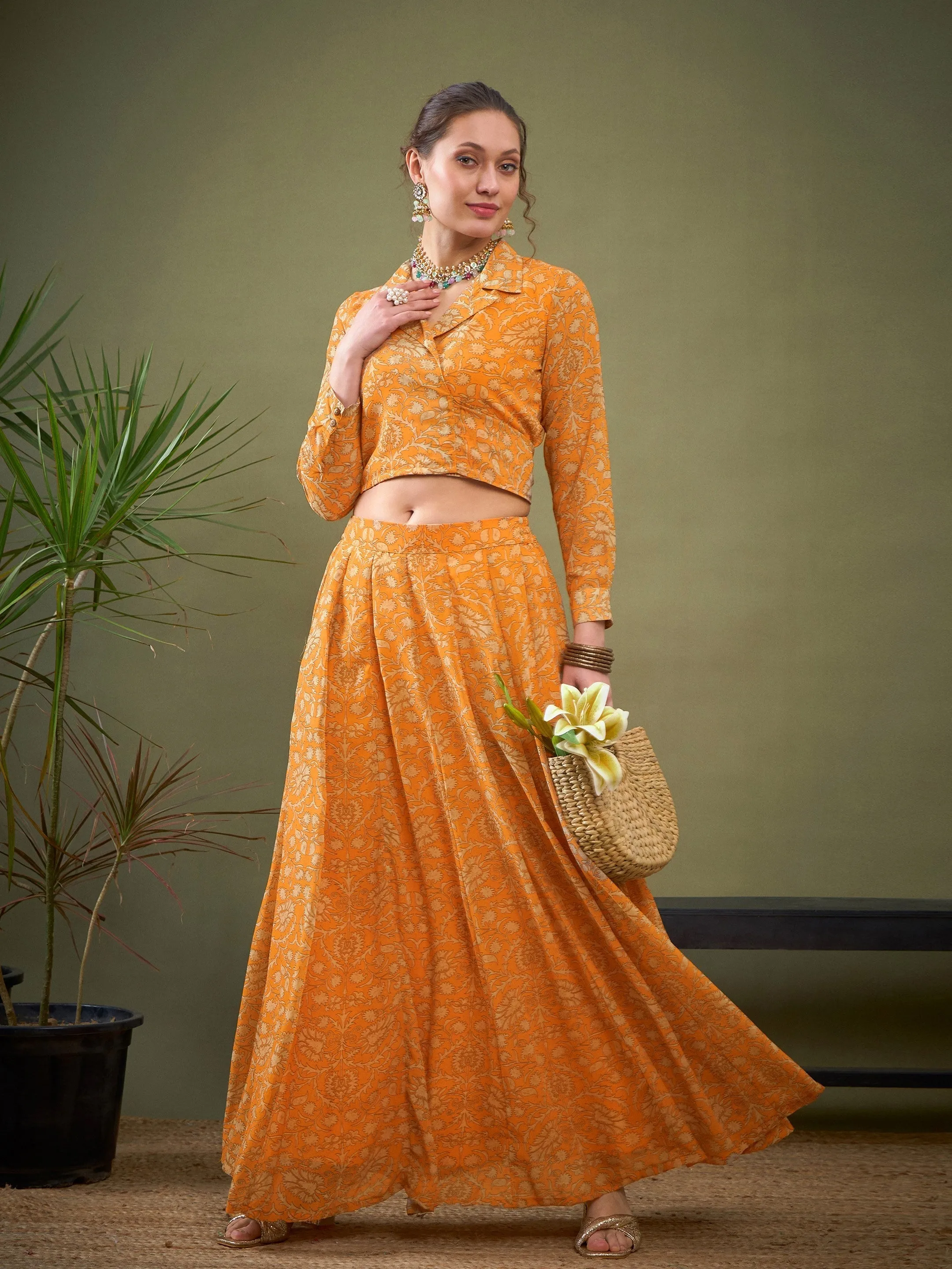 Women Yellow Floral Anarkali Skirt With Knot Crop Top