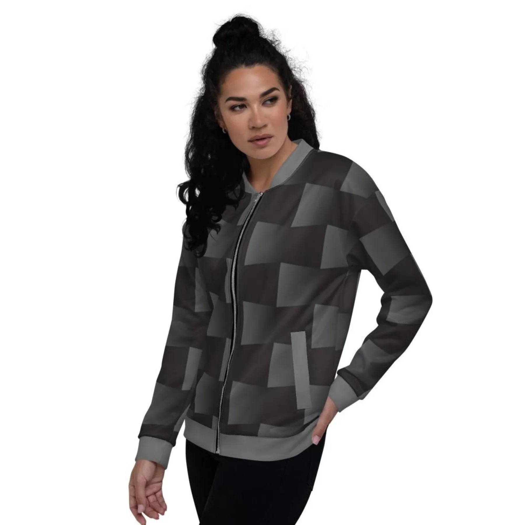 Womens Jacket - Black And Gray 3D Square Style Bomber Jacket