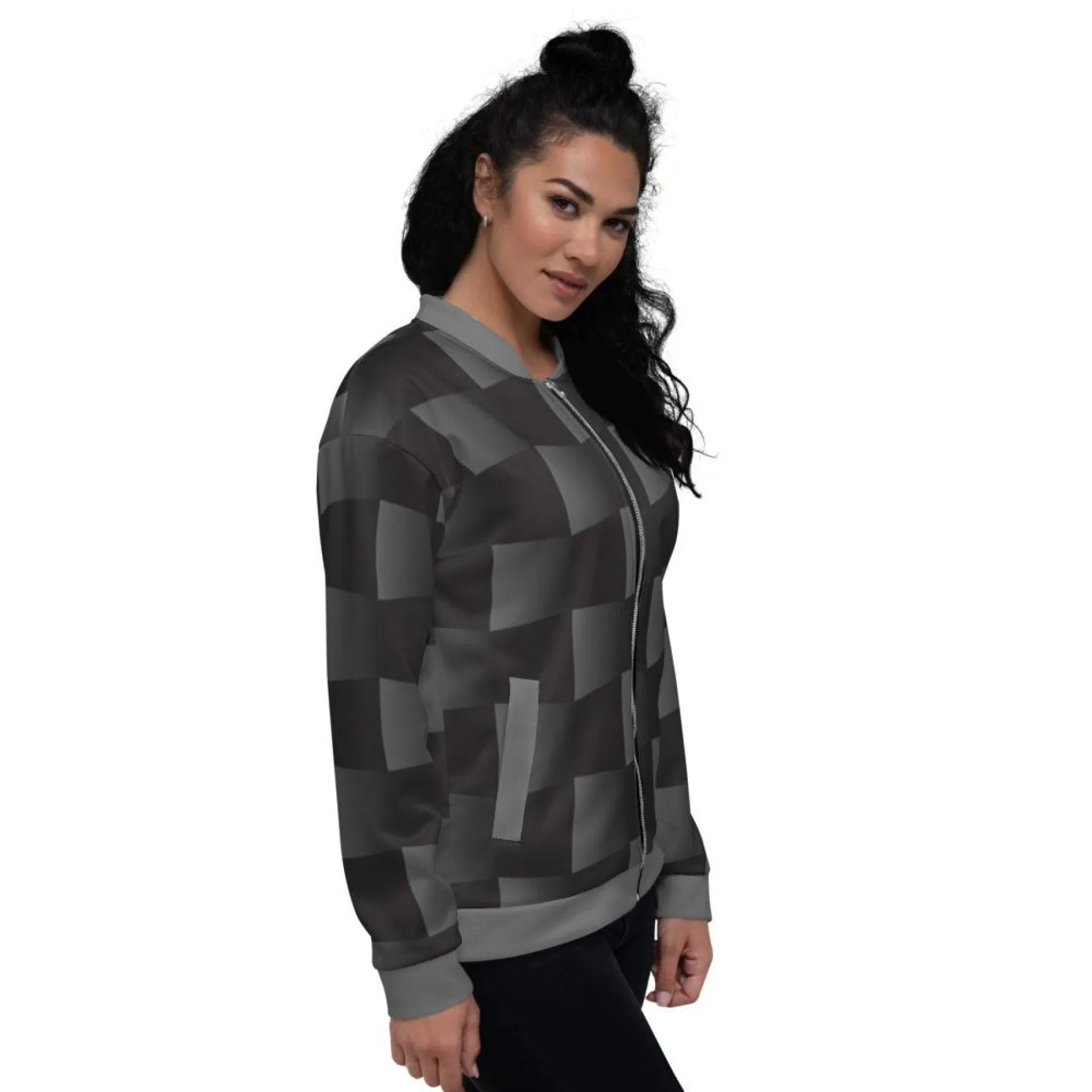 Womens Jacket - Black And Gray 3D Square Style Bomber Jacket