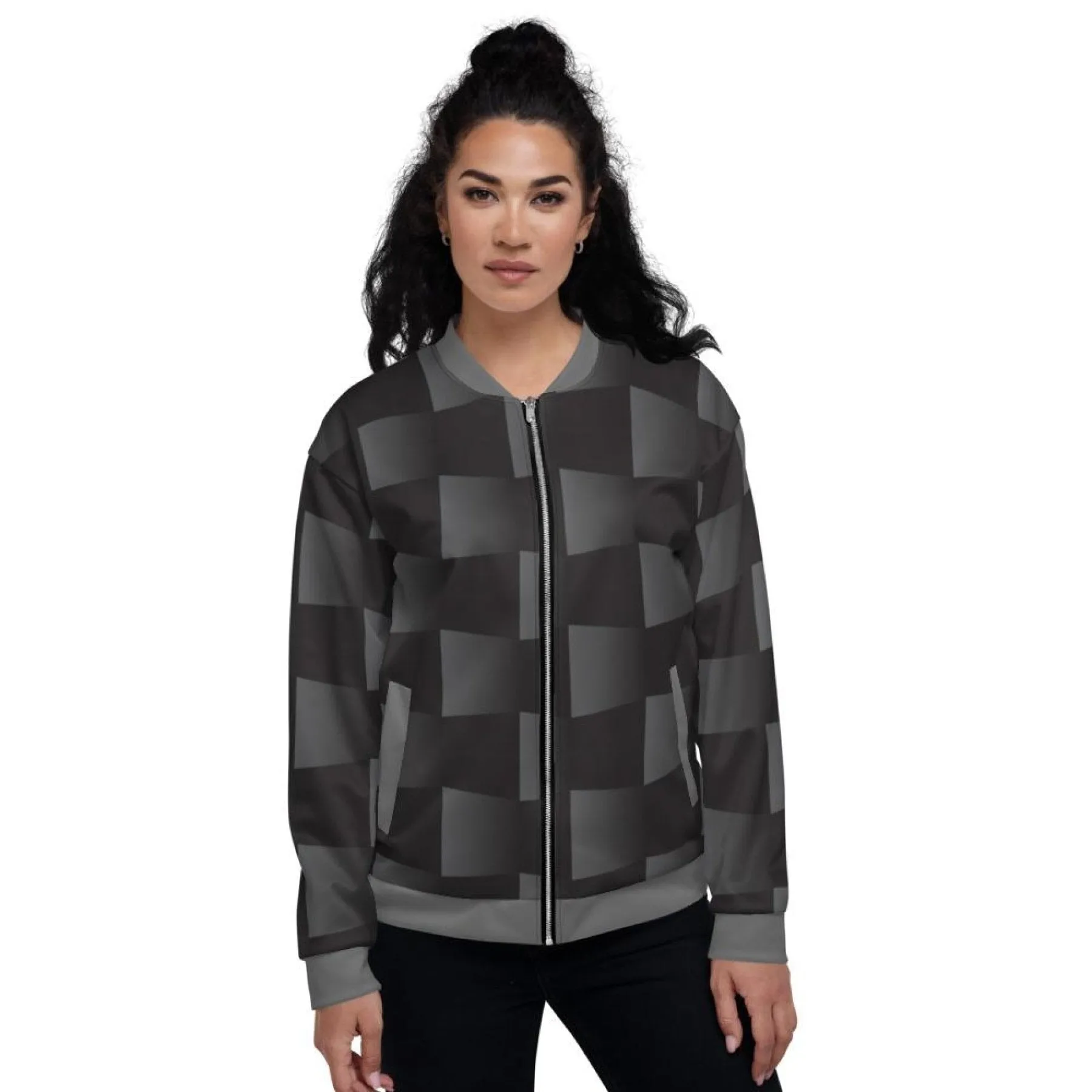 Womens Jacket - Black And Gray 3D Square Style Bomber Jacket