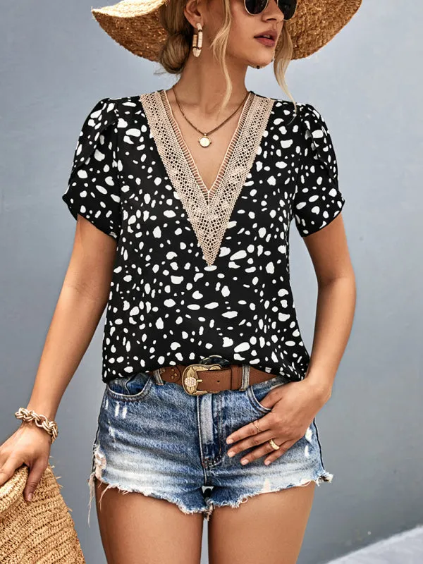 Women's Leopard Print V-Neck Lace Short Sleeve Top