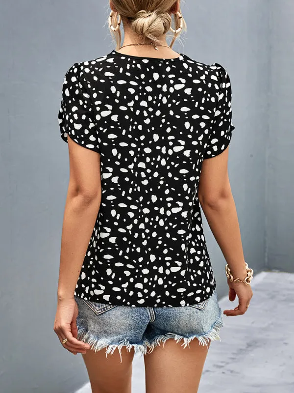 Women's Leopard Print V-Neck Lace Short Sleeve Top