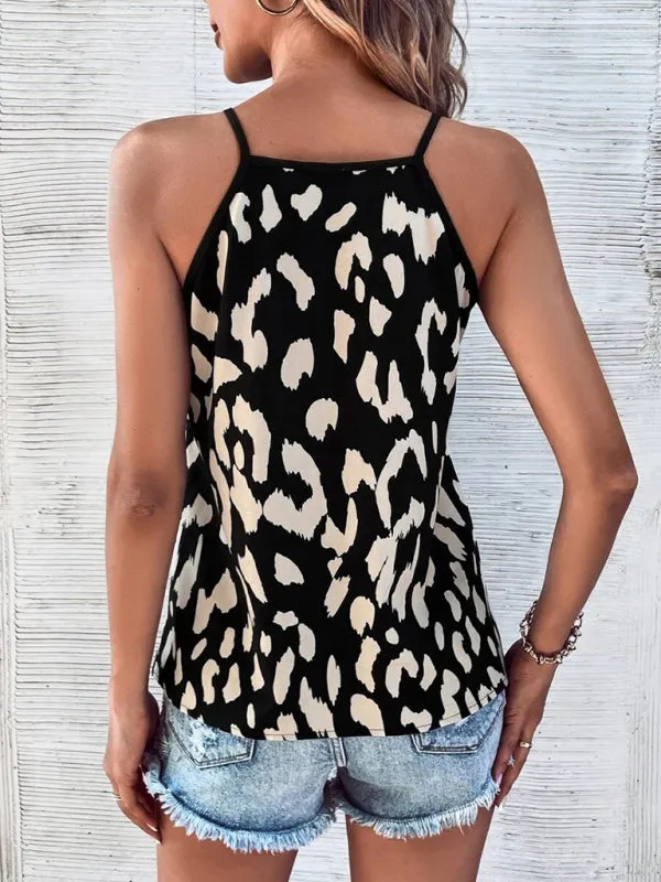 Women's V-neck leopard print stitching solid color camisole top