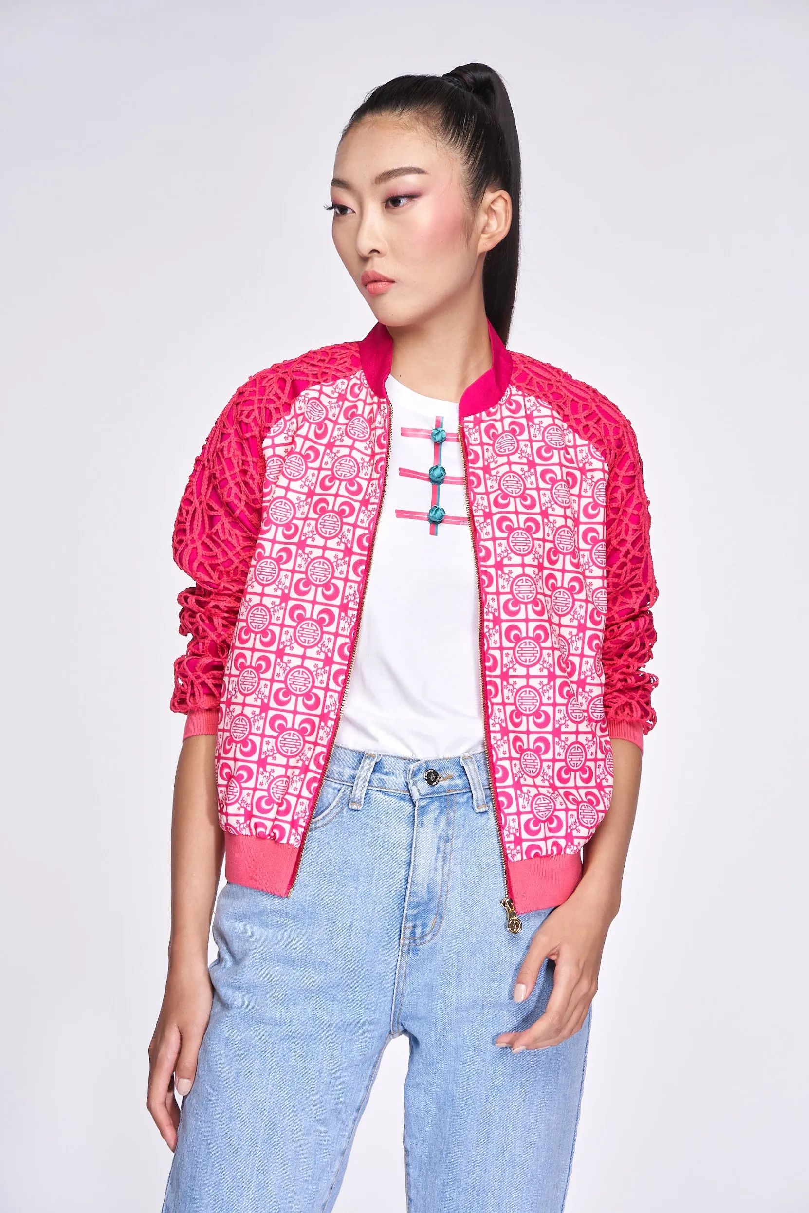 Yi-ming DM Jeana Lace Bomber Jacket (Fuchsia)