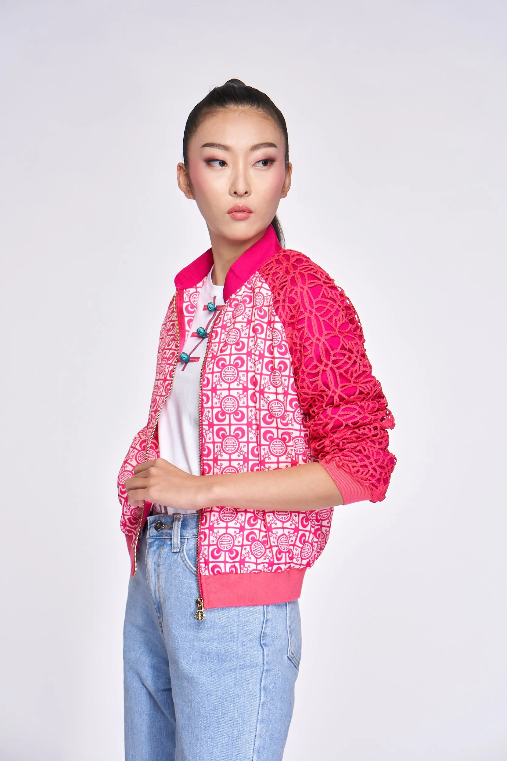 Yi-ming DM Jeana Lace Bomber Jacket (Fuchsia)