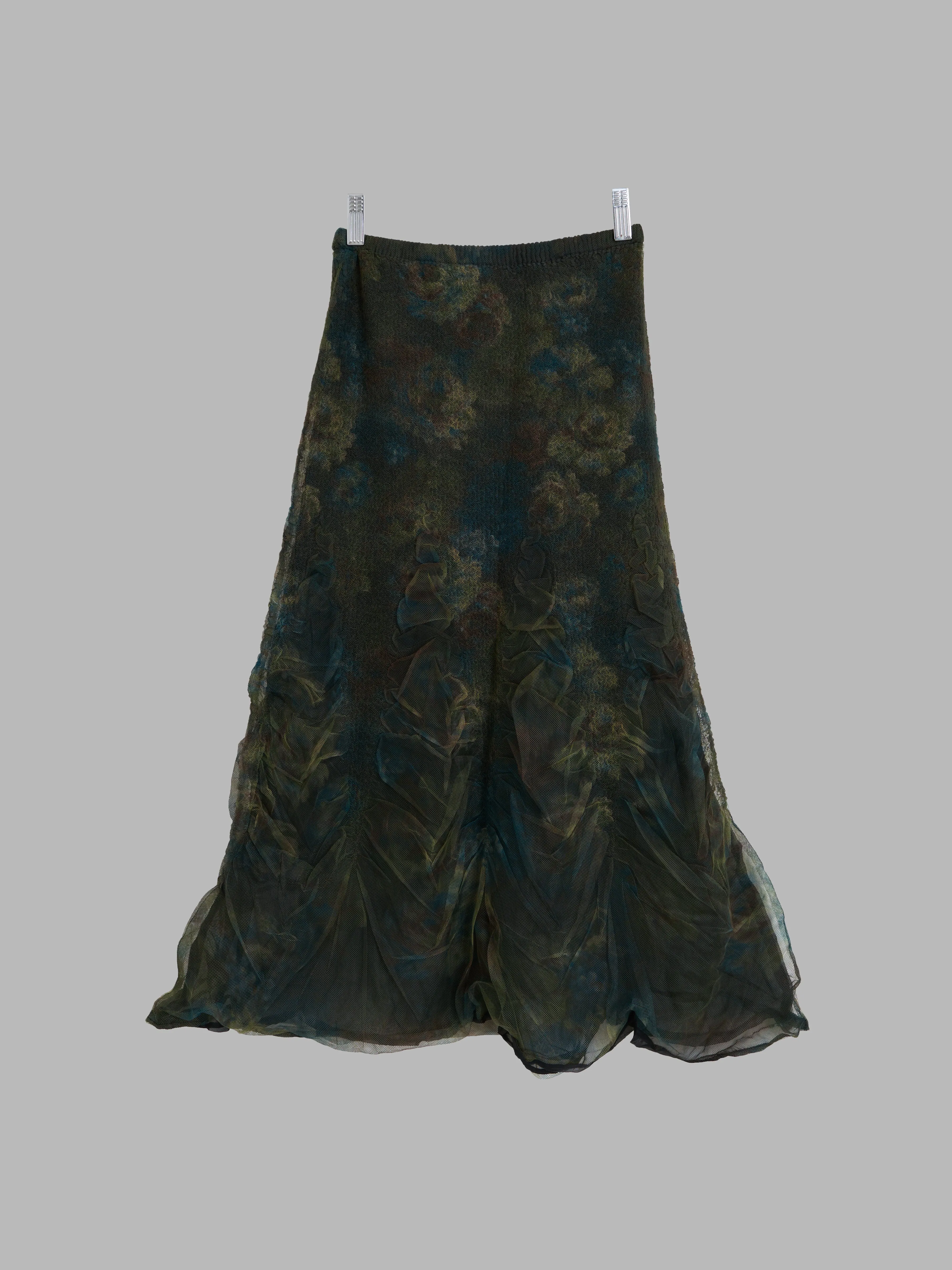 Yoshiki Hishinuma Peplum green floral print polyester layered mesh skirt - 1 S